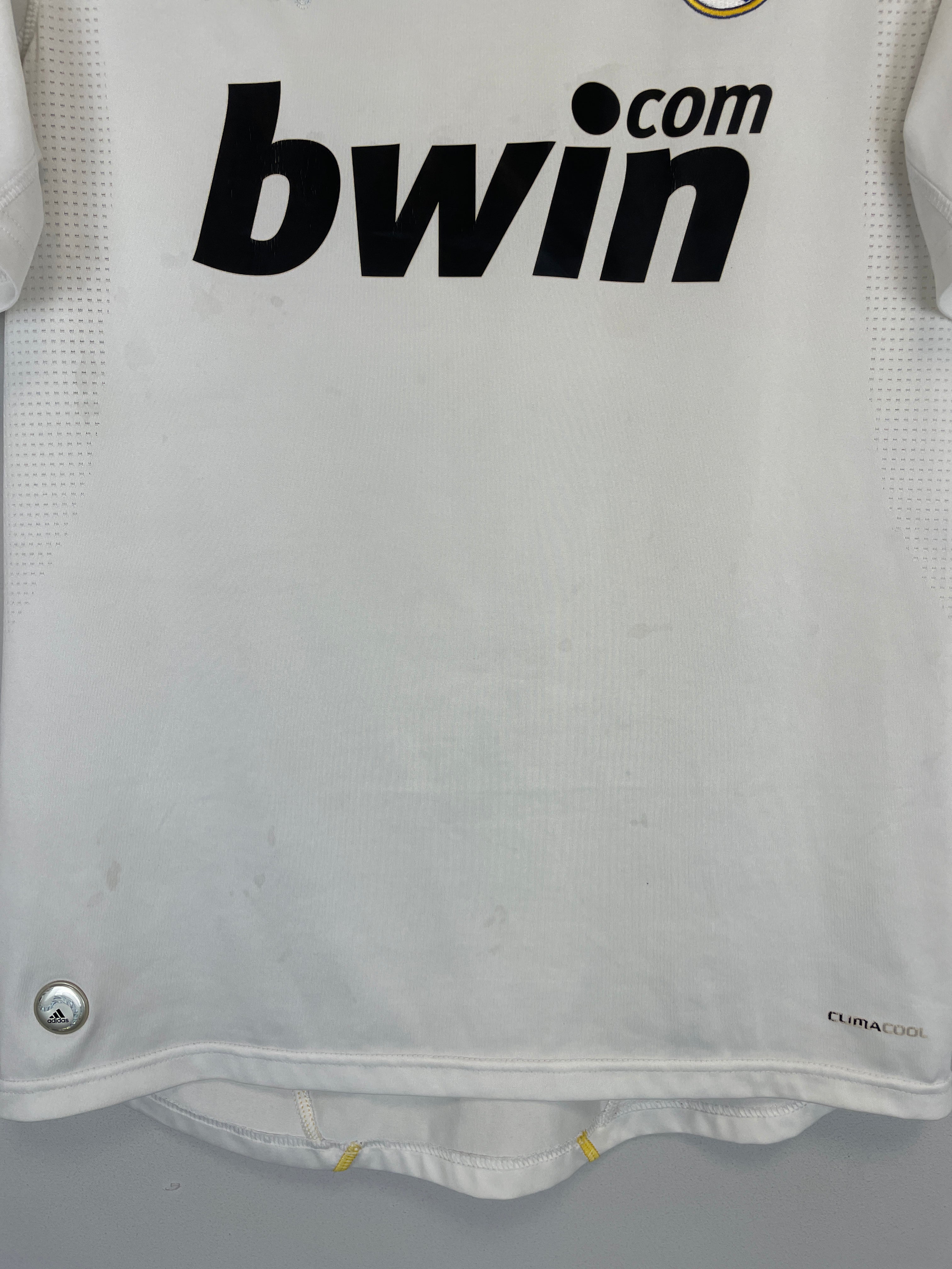 2009/10 REAL MADRID RONALDO #9 HOME SHIRT (M) ADIDAS CLOSEUP BWIN HEM CLIMACOOL