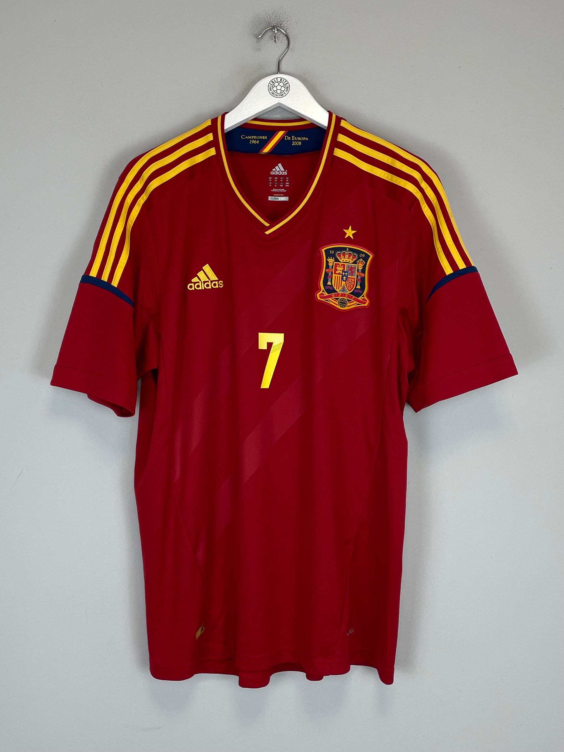 2011/12 SPAIN DAVID VILLA #7 HOME SHIRT (XL) ADIDAS FRONT RED YELLOW COLLAR 
