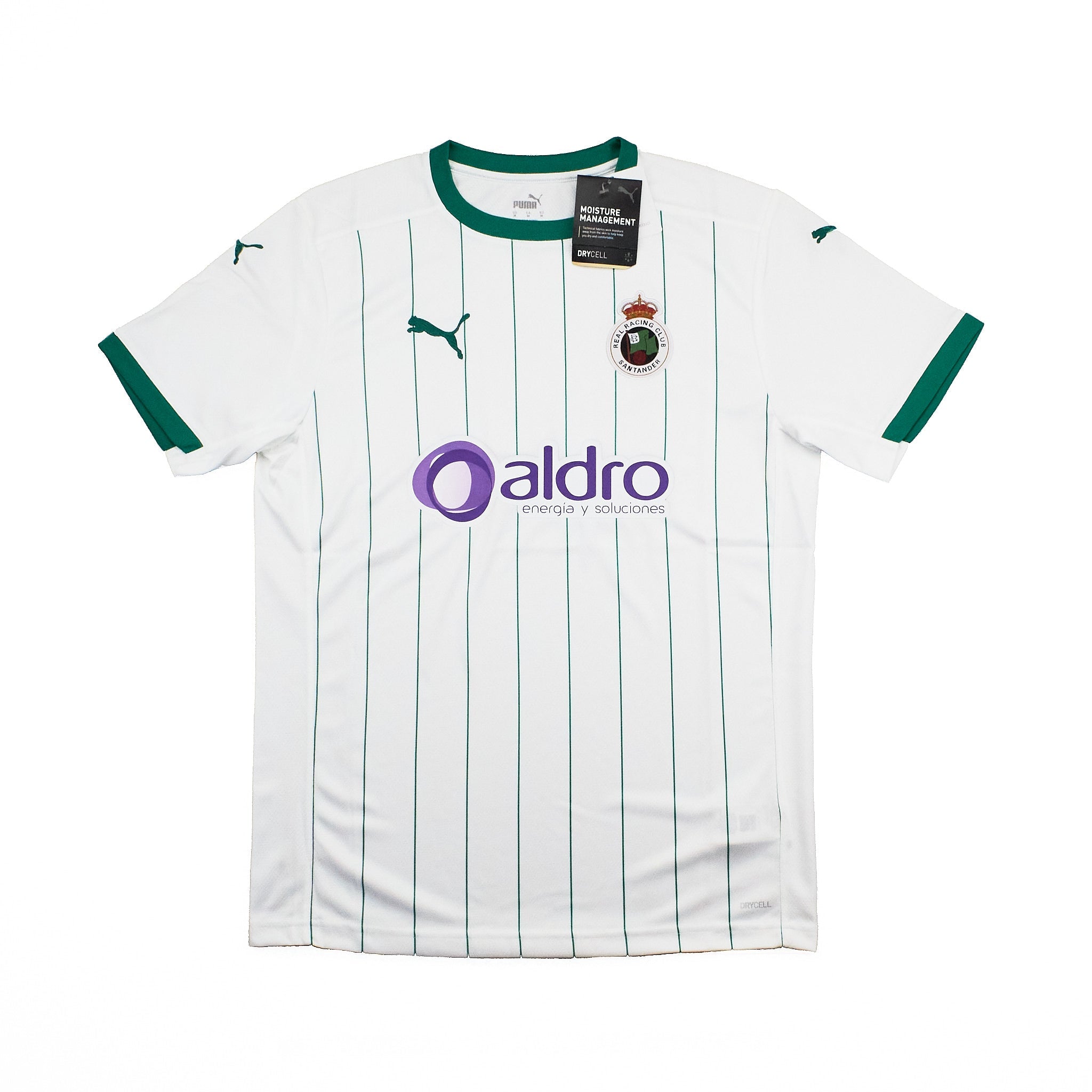 A white Puma Racing Santander home soccer jersey with green pinstripes, green collar and sleeve trim, featuring the purple Aldro sponsor logo on the front.
