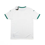 White short-sleeve soccer jersey with green trim on the collar and sleeve cuffs, shown from the back on a white background with a hangtag attached.