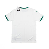White short-sleeve soccer jersey with green trim on the collar and sleeve cuffs, shown from the back on a white background with a hangtag attached.
