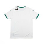 White short-sleeve soccer jersey with green trim on the collar and sleeve cuffs, shown from the back on a white background with a hangtag attached.