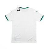 White short-sleeve soccer jersey with green trim on the collar and sleeve cuffs, shown from the back on a white background with a hangtag attached.