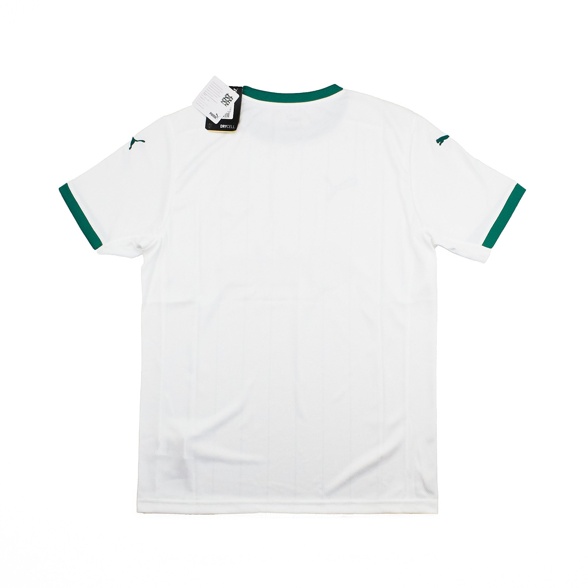 White short-sleeve soccer jersey with green trim on the collar and sleeve cuffs, shown from the back on a white background with a hangtag attached.