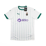 A white Puma Racing Santander home soccer jersey with green pinstripes, green collar and sleeve trim, featuring the purple Aldro sponsor logo on the front.