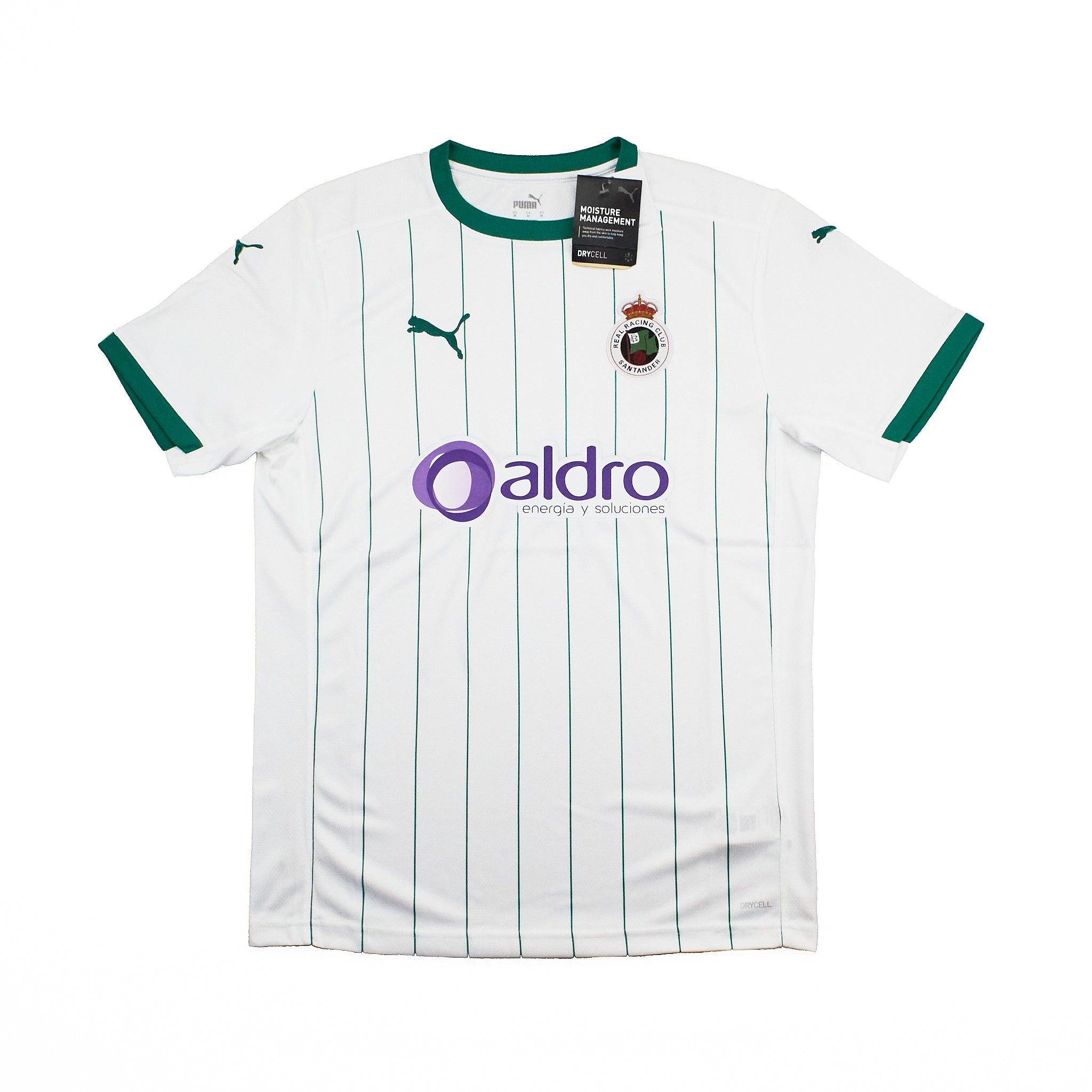 A white Puma Racing Santander home soccer jersey with green pinstripes, green collar and sleeve trim, featuring the purple Aldro sponsor logo on the front.