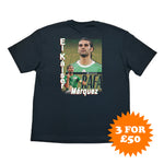 A black short-sleeve t-shirt featuring a large graphic print of footballer Rafael Marquez on the front, with vertical text reading 'El Kaiser' and 'Marquez' and 'MEXICO' on the chest. An orange starburst sticker in the bottom right corner reads '3 FOR £50'.