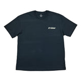 Black t-shirt with a small graphic on the chest against a white background