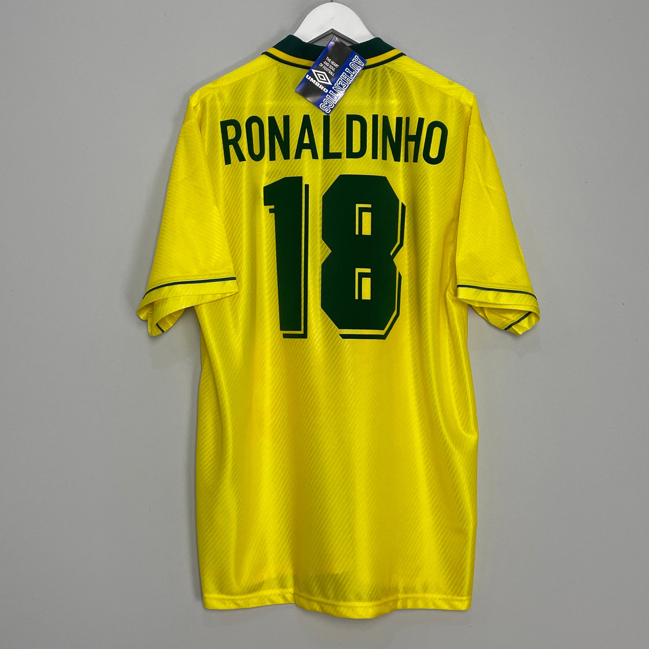 Shop 1994/96 BRAZIL RONALDINHO #18 *BNWT* HOME SHIRT (XL) UMBRO, classic football shirts, vintage football shirts & retro soccer jerseys at Cult Kits