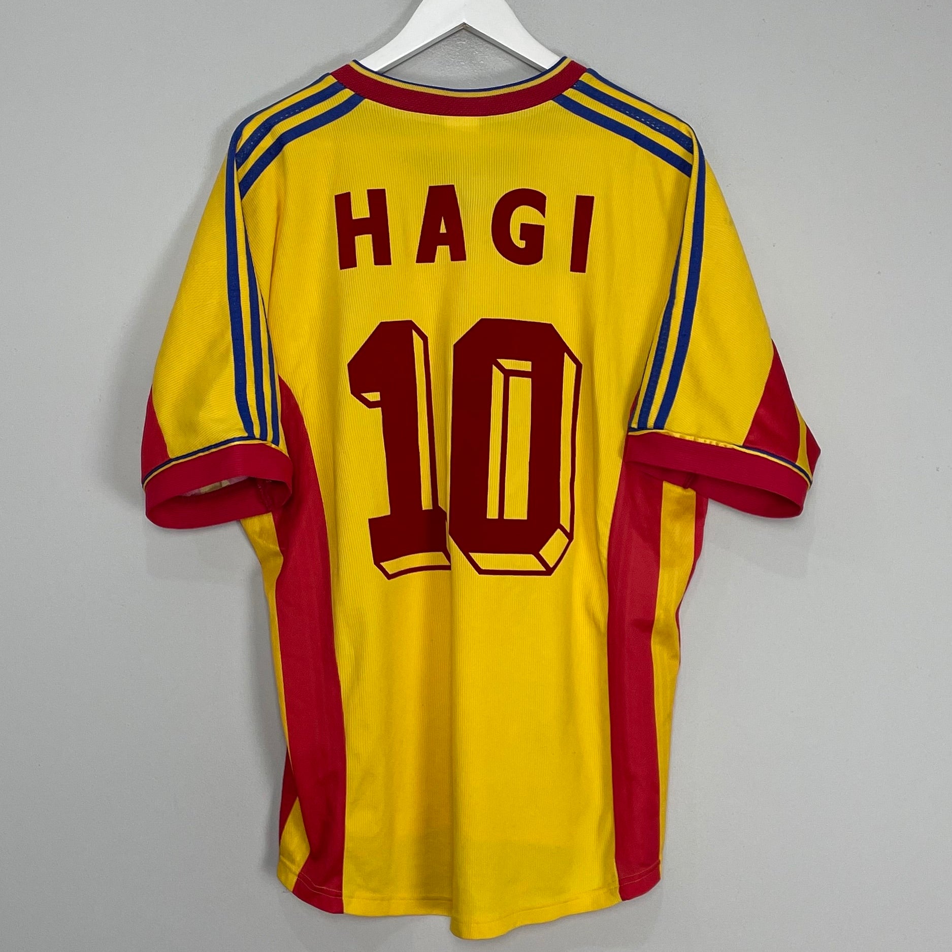 Shop 1998/00 ROMANIA HAGI #10 HOME SHIRT (L) ADIDAS, classic football shirts, vintage football shirts & retro soccer jerseys at Cult Kits