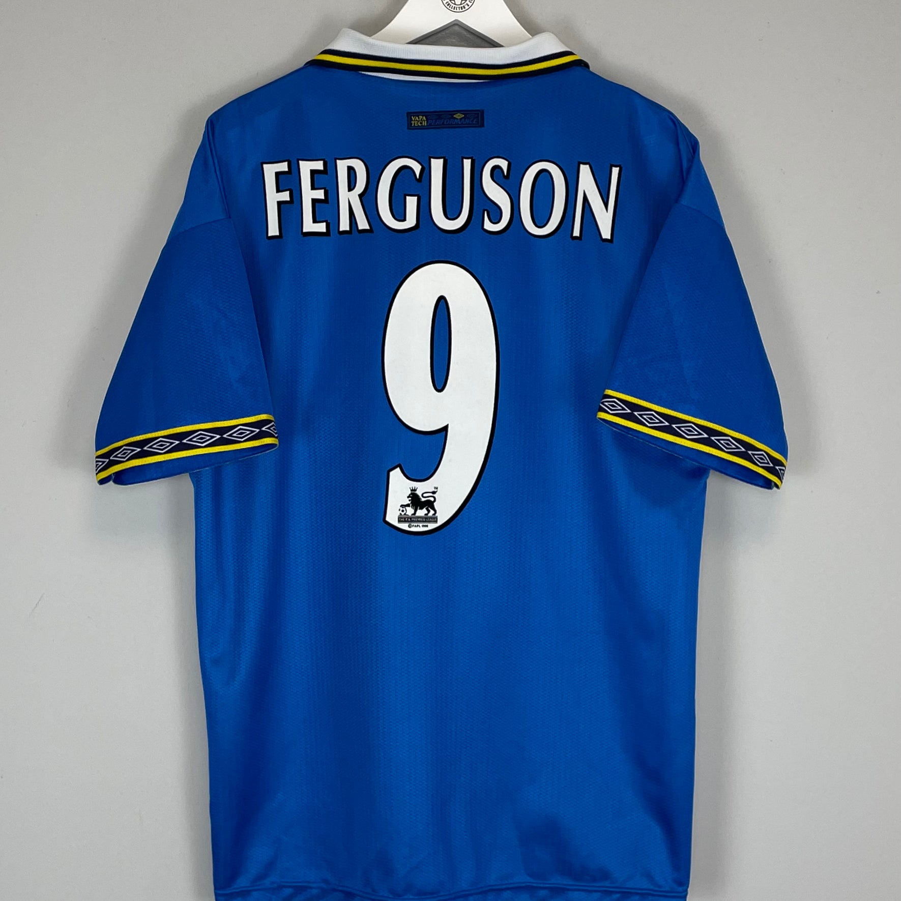 Shop 1997/98 EVERTON FERGUSON #9 HOME SHIRT (L) UMBRO, classic football shirts, vintage football shirts & retro soccer jerseys at Cult Kits
