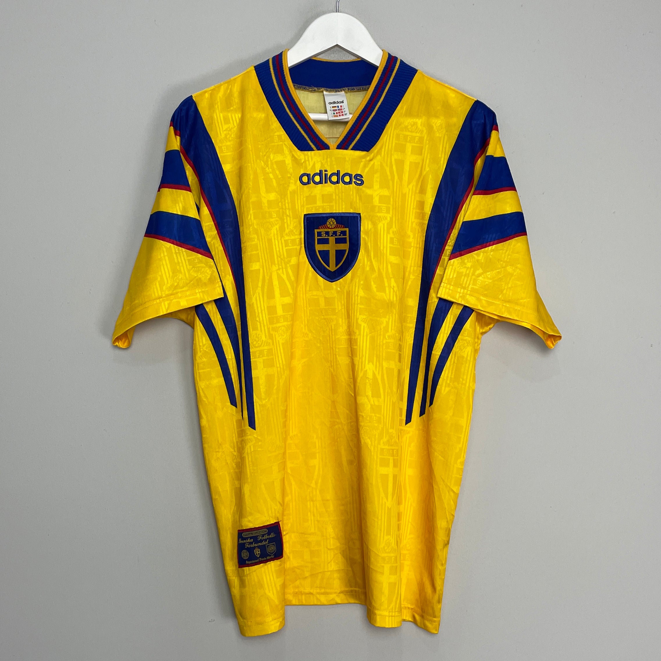 Shop 1996/98 SWEDEN HOME SHIRT (L) ADIDAS, classic football shirts, vintage football shirts & retro soccer jerseys at Cult Kits