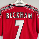 Shop 1998/99 MANCHESTER UNITED BECKHAM #7 HOME SHIRT (M) UMBRO, classic football shirts, vintage football shirts & retro soccer jerseys at Cult Kits