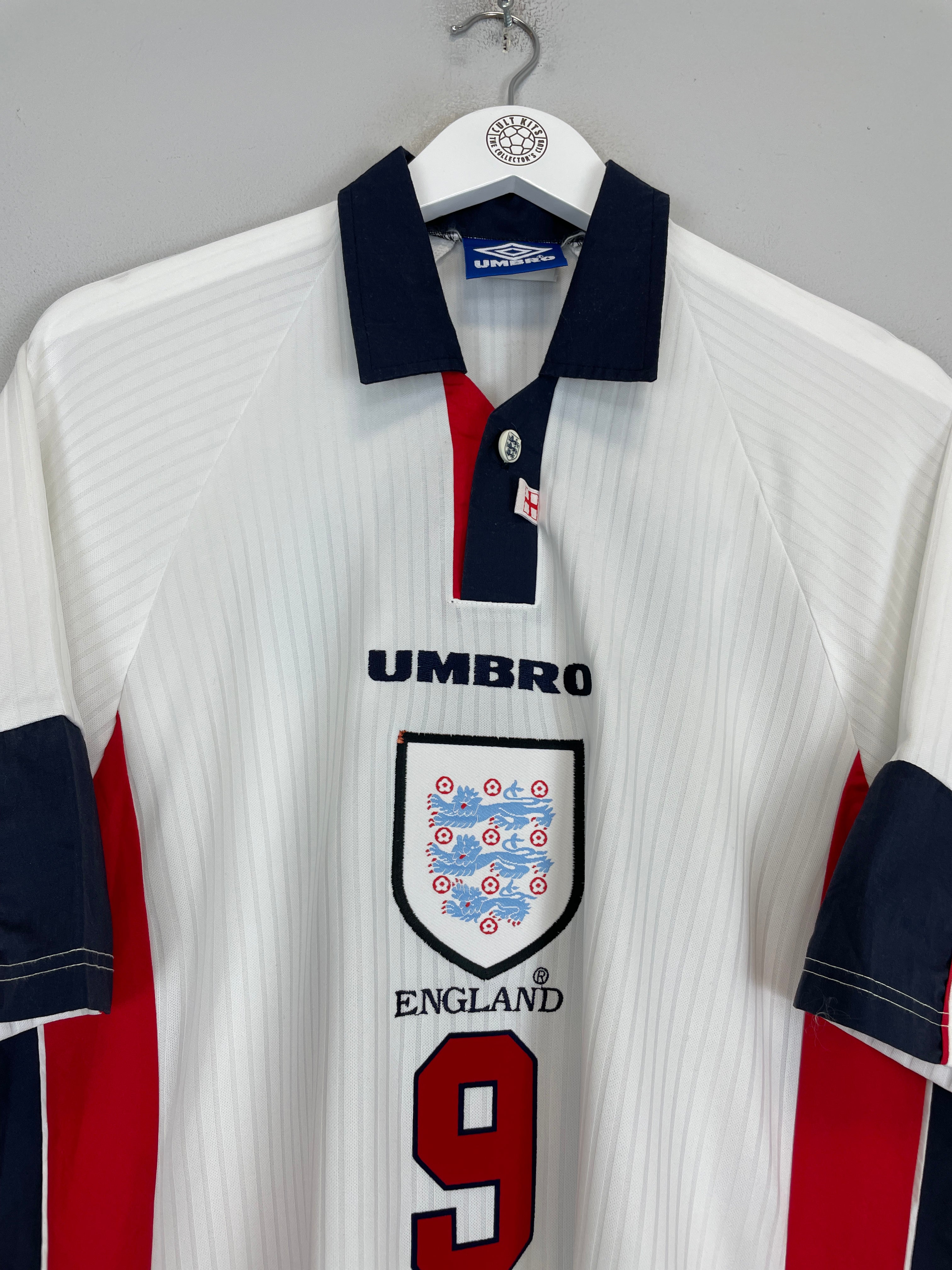 Shop 1997/99 ENGLAND SHEARER #9 HOME SHIRT (XL) UMBRO, classic football shirts, vintage football shirts & retro soccer jerseys at Cult Kits