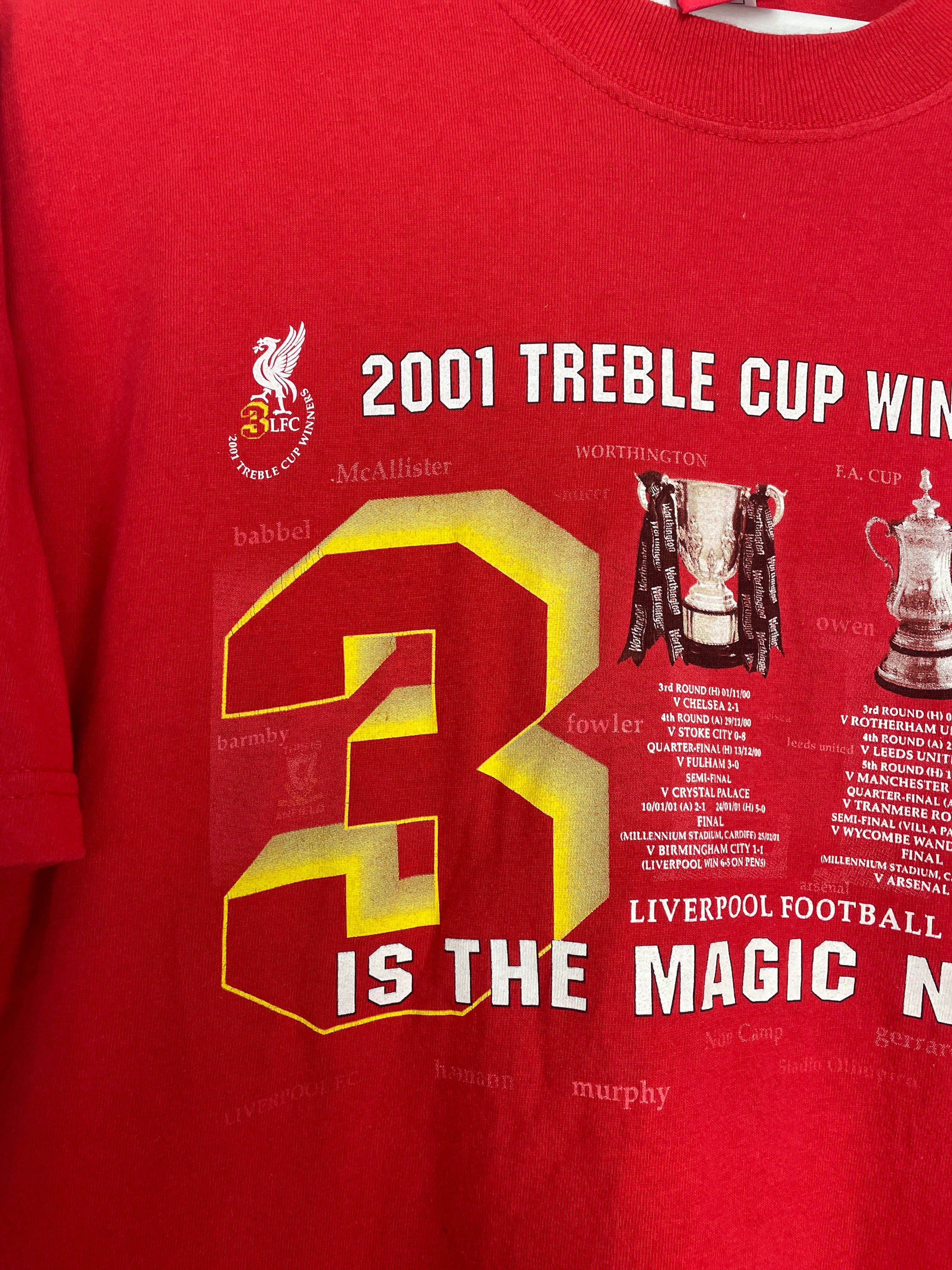 Shop 2001 LIVERPOOL TREBLE WINNERS T-SHIRT (M) OM, classic football shirts, vintage football shirts & retro soccer jerseys at Cult Kits