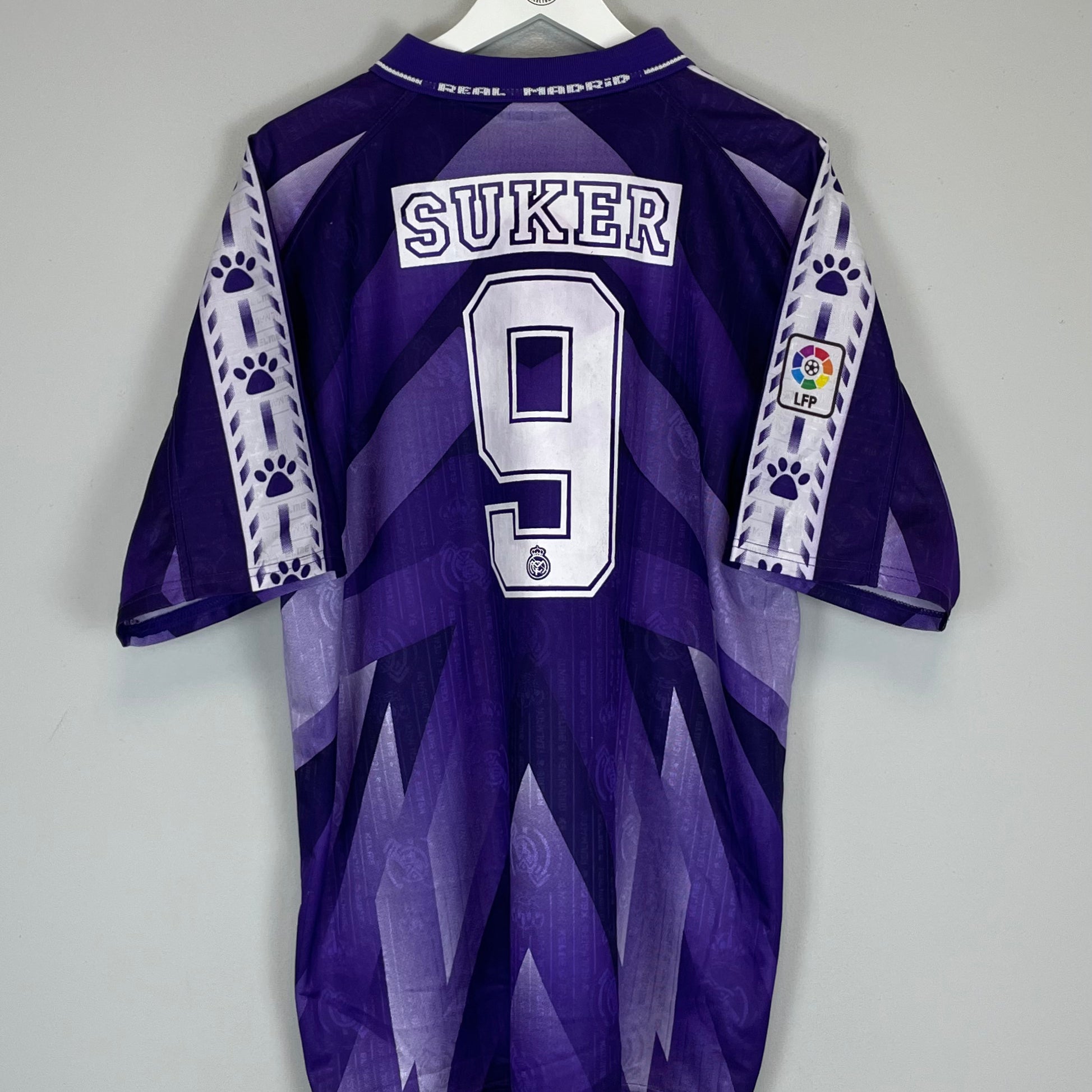 Shop 1996/97 REAL MADRID SUKER #9 AWAY SHIRT (L) KELME, classic football shirts, vintage football shirts & retro soccer jerseys at Cult Kits