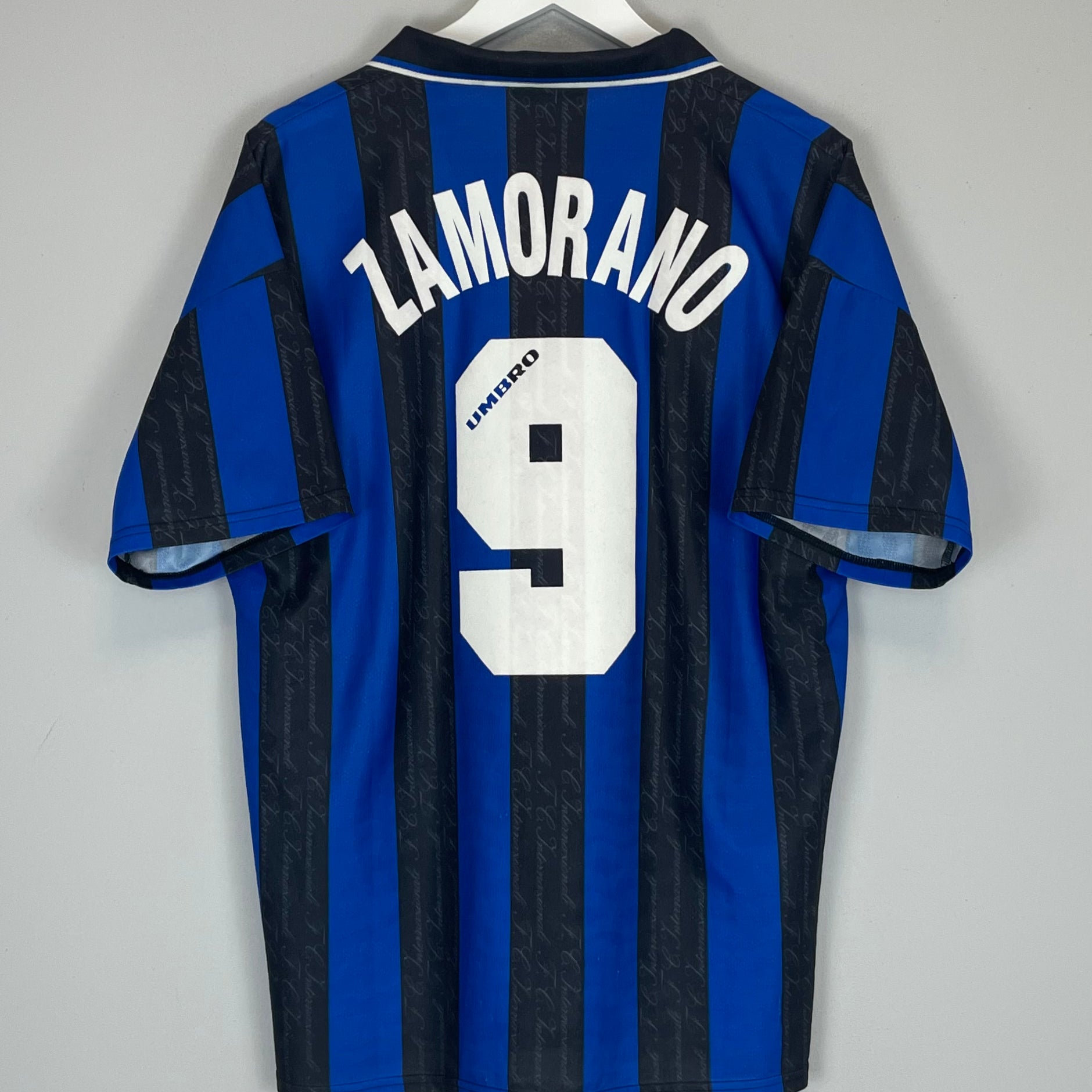 Shop 1996/97 INTER MILAN ZAMORANO #9 HOME SHIRT (L) UMBRO, classic football shirts, vintage football shirts & retro soccer jerseys at Cult Kits