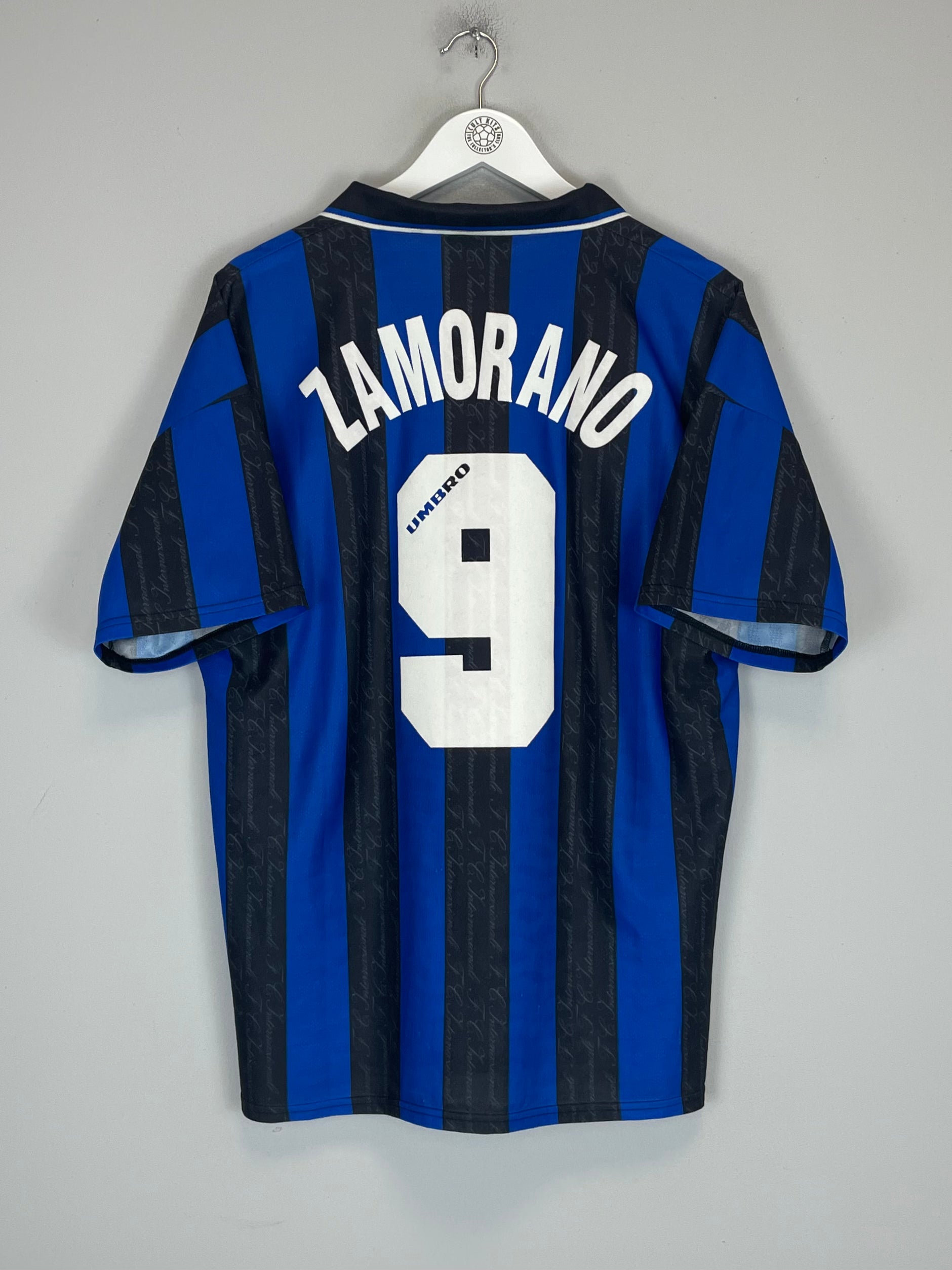 Shop 1996/97 INTER MILAN ZAMORANO #9 HOME SHIRT (L) UMBRO, classic football shirts, vintage football shirts & retro soccer jerseys at Cult Kits