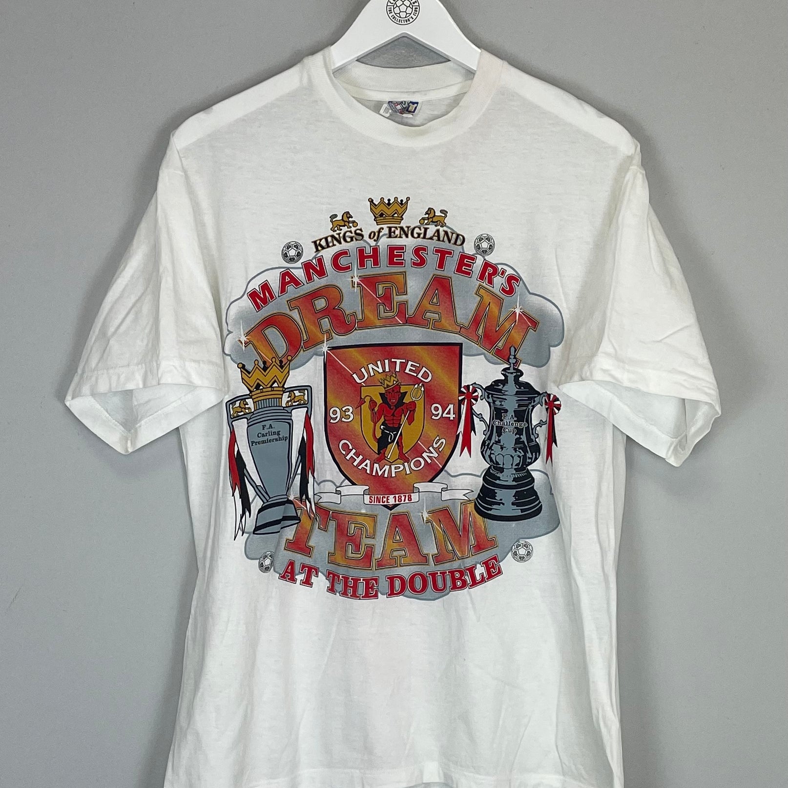 Shop 1993/94 MANCHESTER UNITED *DOUBLE CHAMPIONS* T-SHIRT (M) BOOTLEG, classic football shirts, vintage football shirts & retro soccer jerseys at Cult Kits