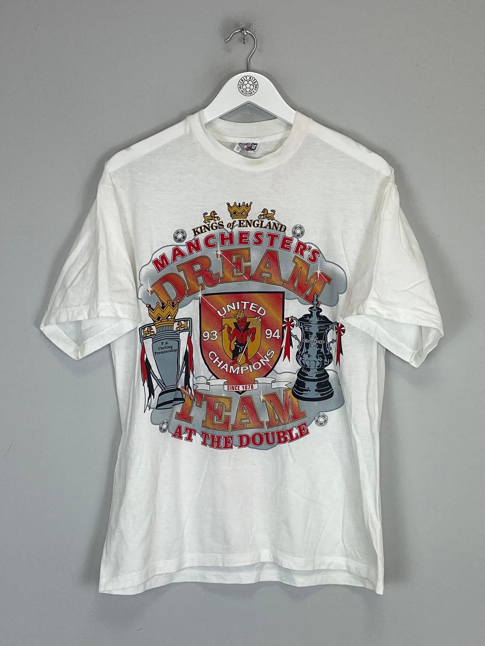Shop 1993/94 MANCHESTER UNITED *DOUBLE CHAMPIONS* T-SHIRT (M) BOOTLEG, classic football shirts, vintage football shirts & retro soccer jerseys at Cult Kits