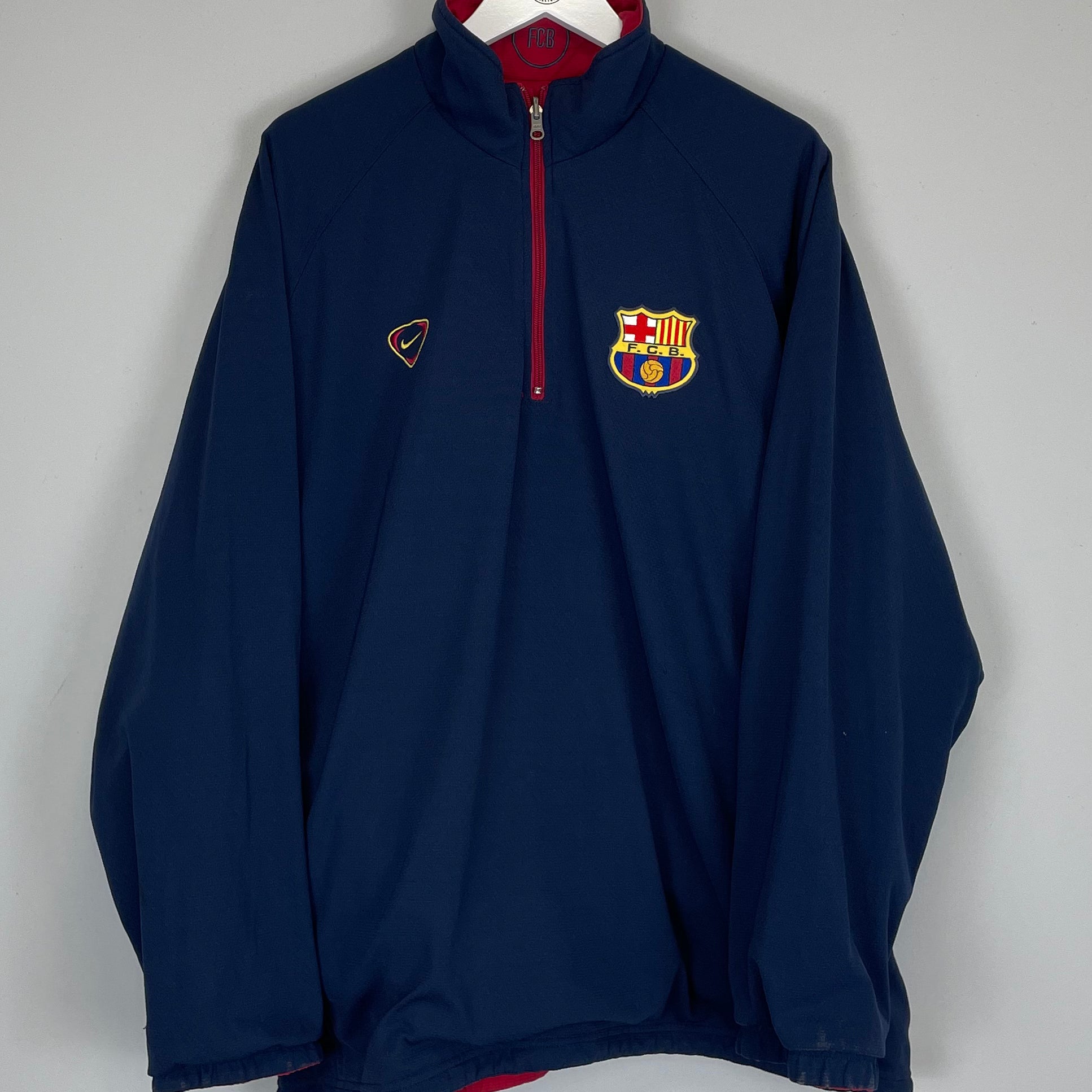 Shop 2000/02 BARCELONA 1/4 ZIP REVERSIBLE JACKET (XL) NIKE, classic football shirts, vintage football shirts & retro soccer jerseys at Cult Kits