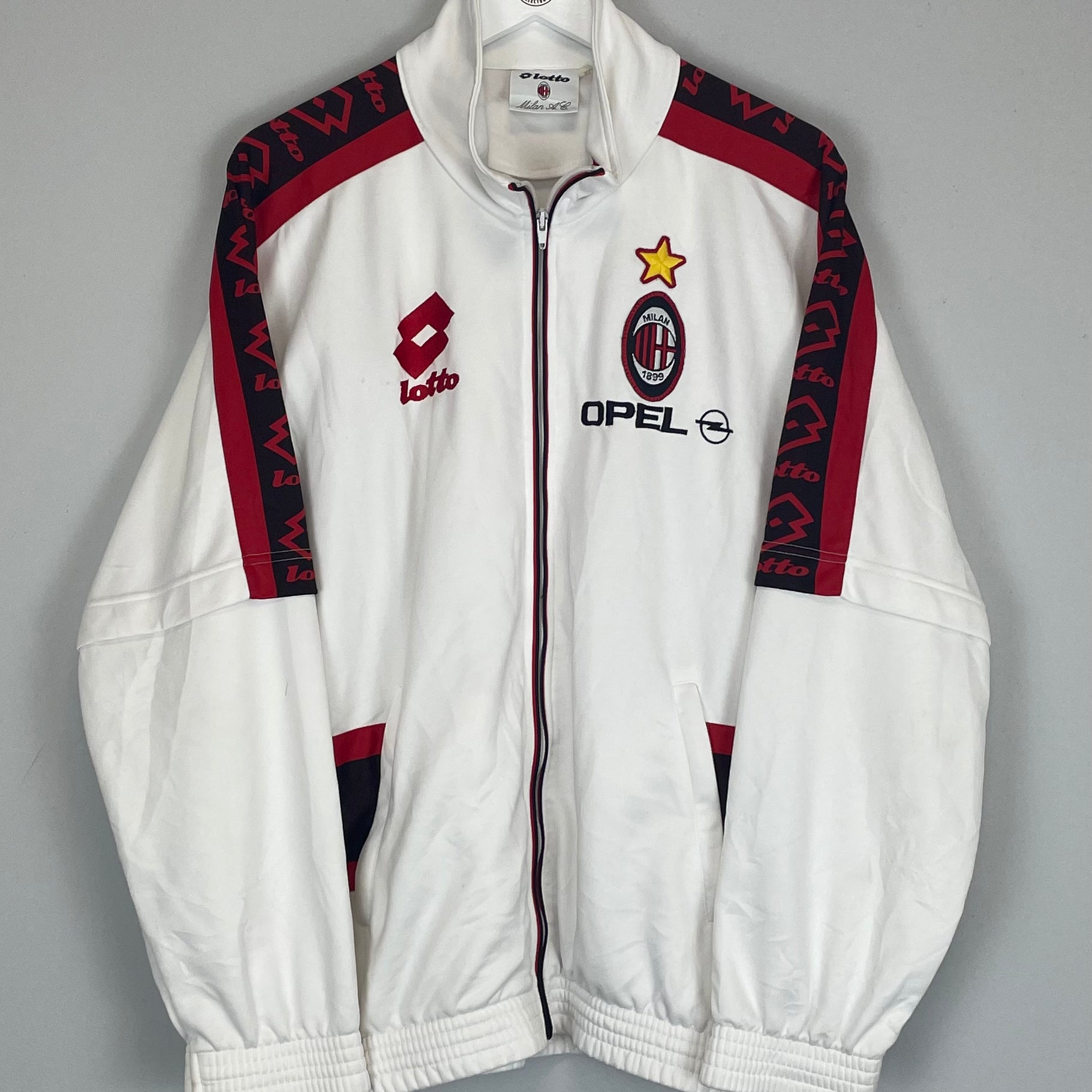 Shop 1995/96 AC MILAN TRACK JACKET (XL) LOTTO, classic football shirts, vintage football shirts & retro soccer jerseys at Cult Kits
