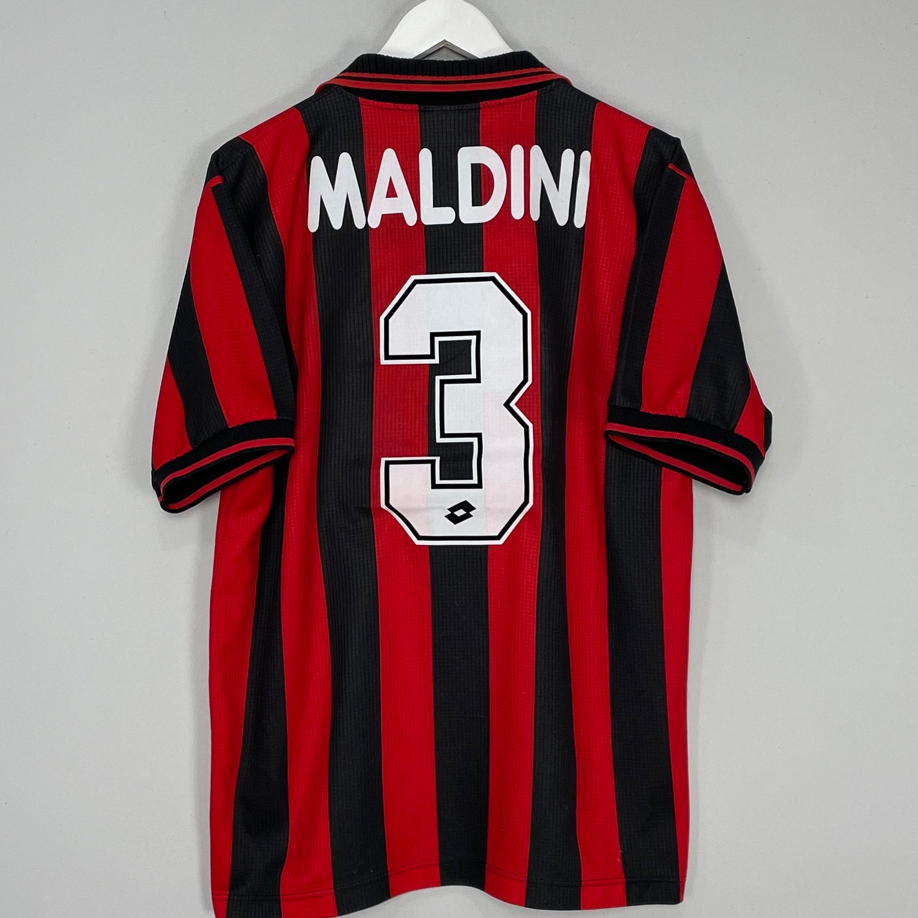 Shop 1997/98 AC MILAN MALDINI #3 HOME SHIRT (L) LOTTO, classic football shirts, vintage football shirts & retro soccer jerseys at Cult Kits