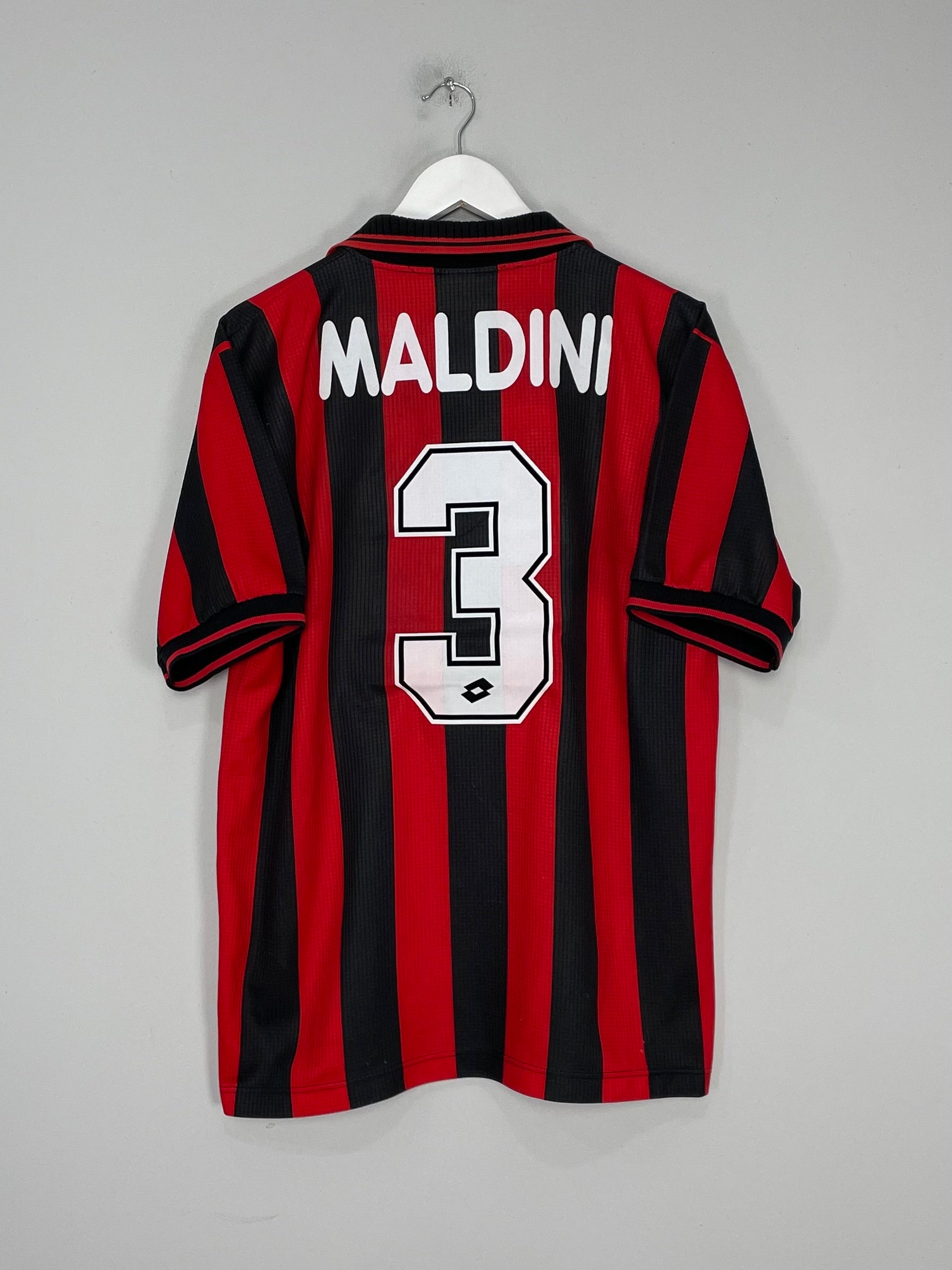 Shop 1997/98 AC MILAN MALDINI #3 HOME SHIRT (L) LOTTO, classic football shirts, vintage football shirts & retro soccer jerseys at Cult Kits