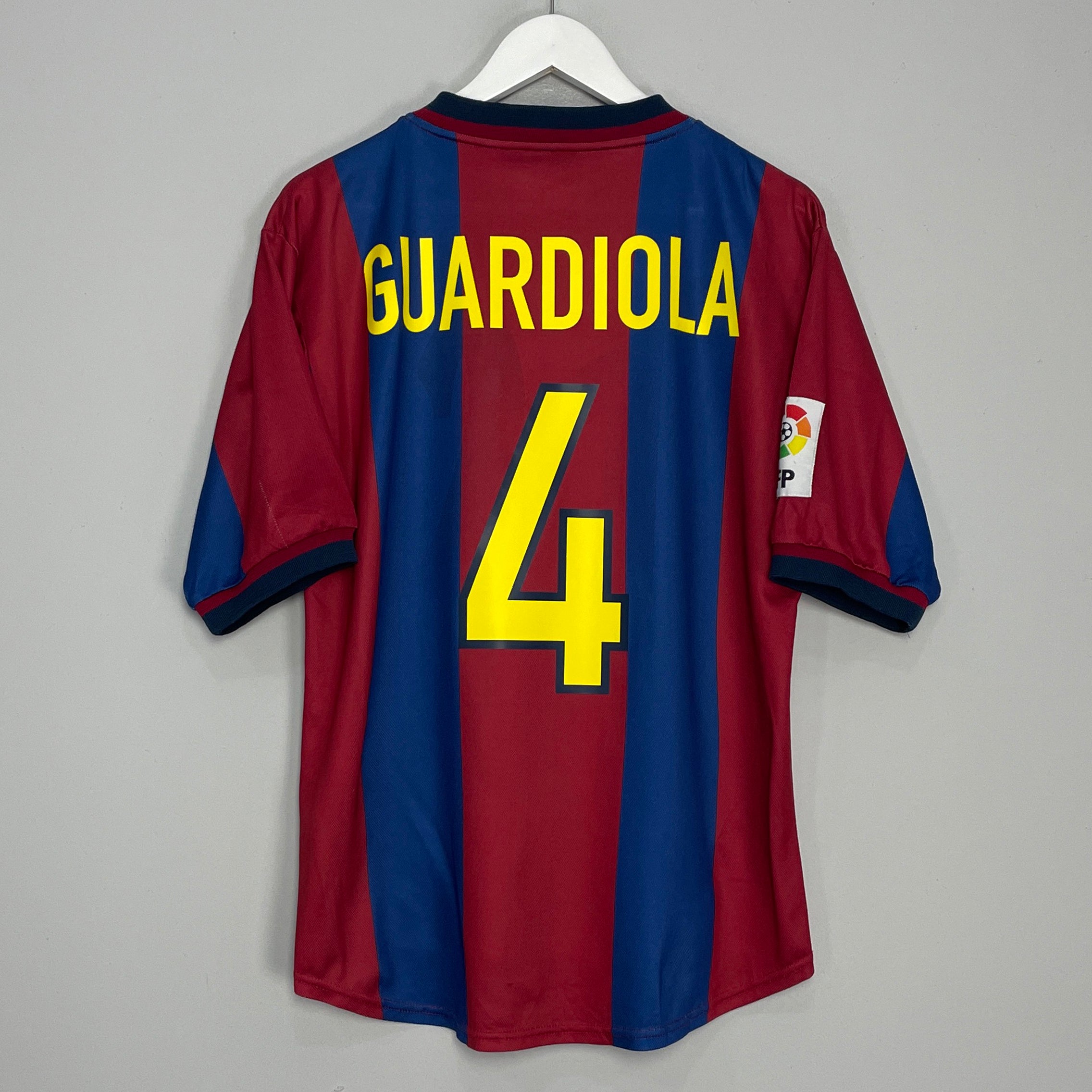 Shop 1998/00 BARCELONA GUARDIOLA #4 HOME SHIRT (M) NIKE, classic football shirts, vintage football shirts & retro soccer jerseys at Cult Kits
