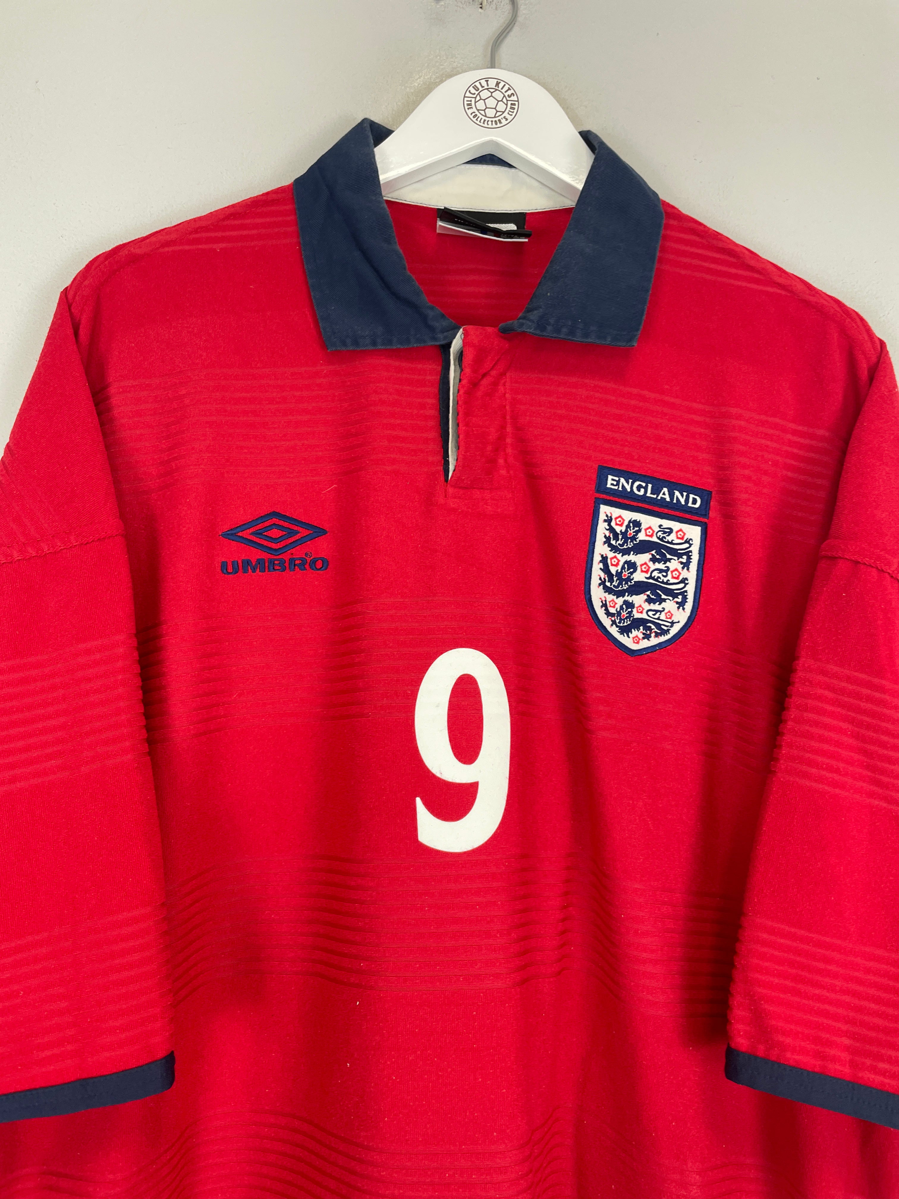 Shop 1999/01 ENGLAND SHEARER #9 AWAY SHIRT (XXL) UMBRO, classic football shirts, vintage football shirts & retro soccer jerseys at Cult Kits