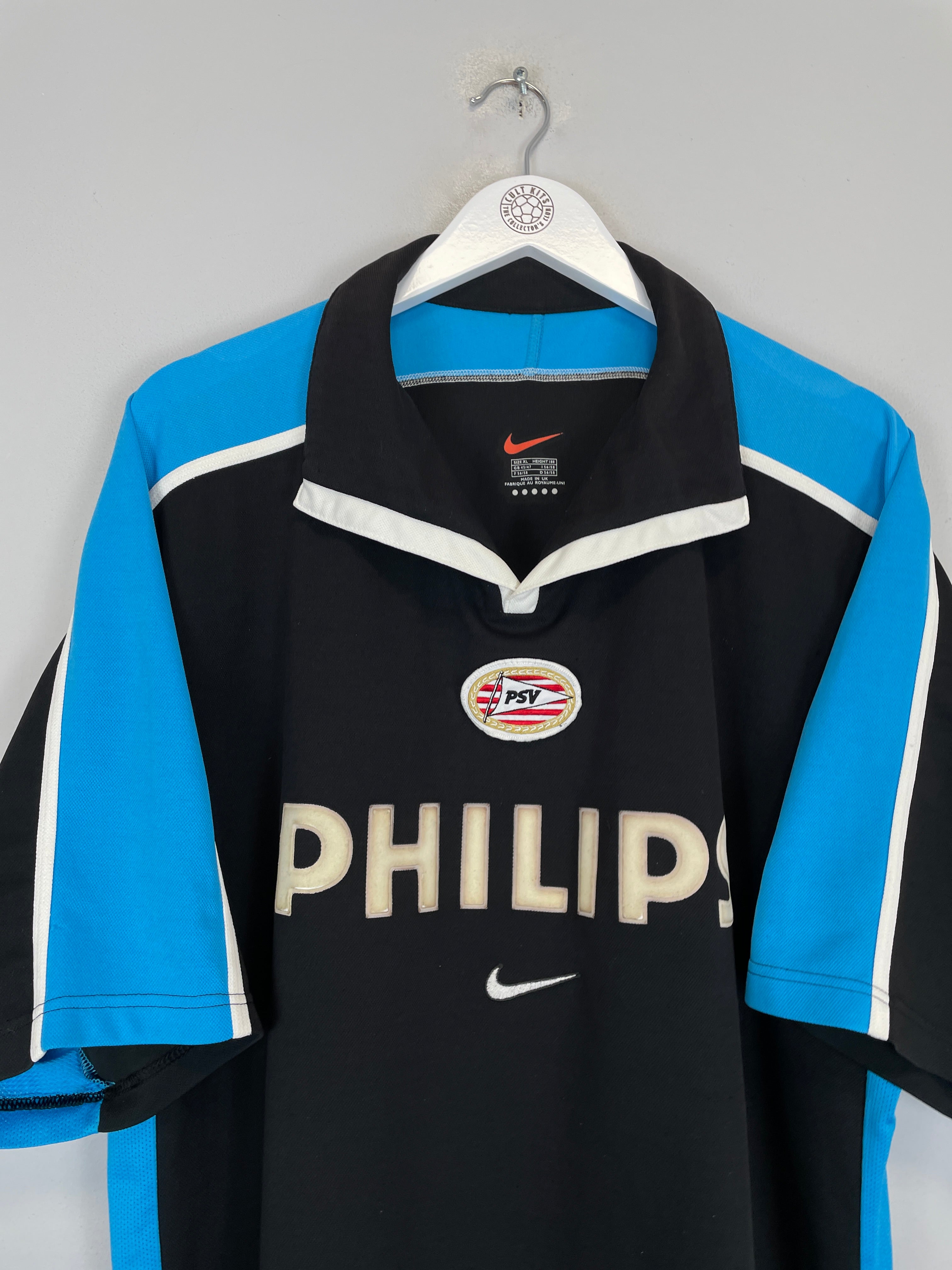 1999/01 PSV V.NISTELROOY #8 away shirt by Nike in excellent condition, featuring black and blue design with Philips logo.