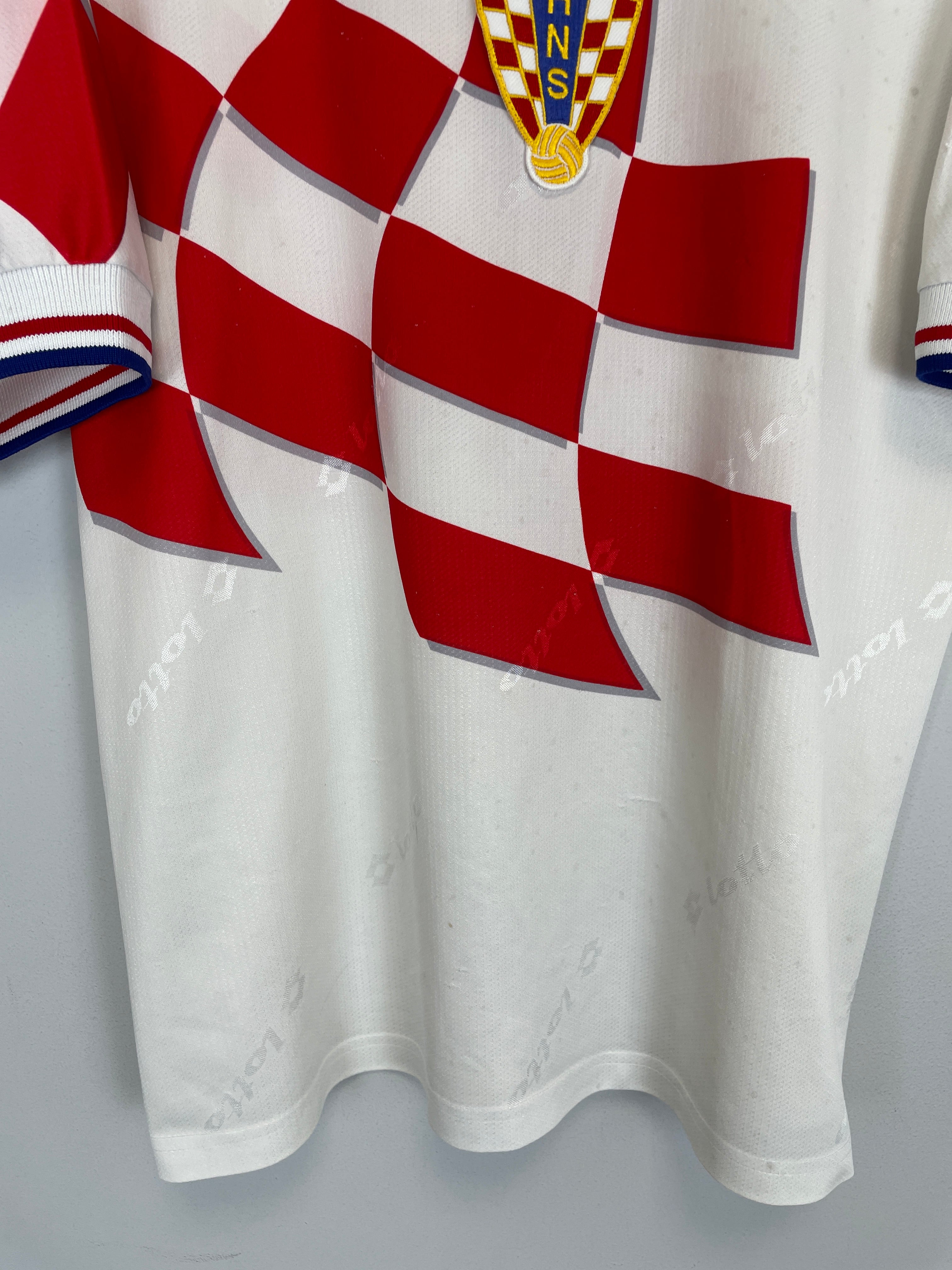1998 Croatia home shirt by Lotto, Large size, featuring red and white checkered design and faint wear.