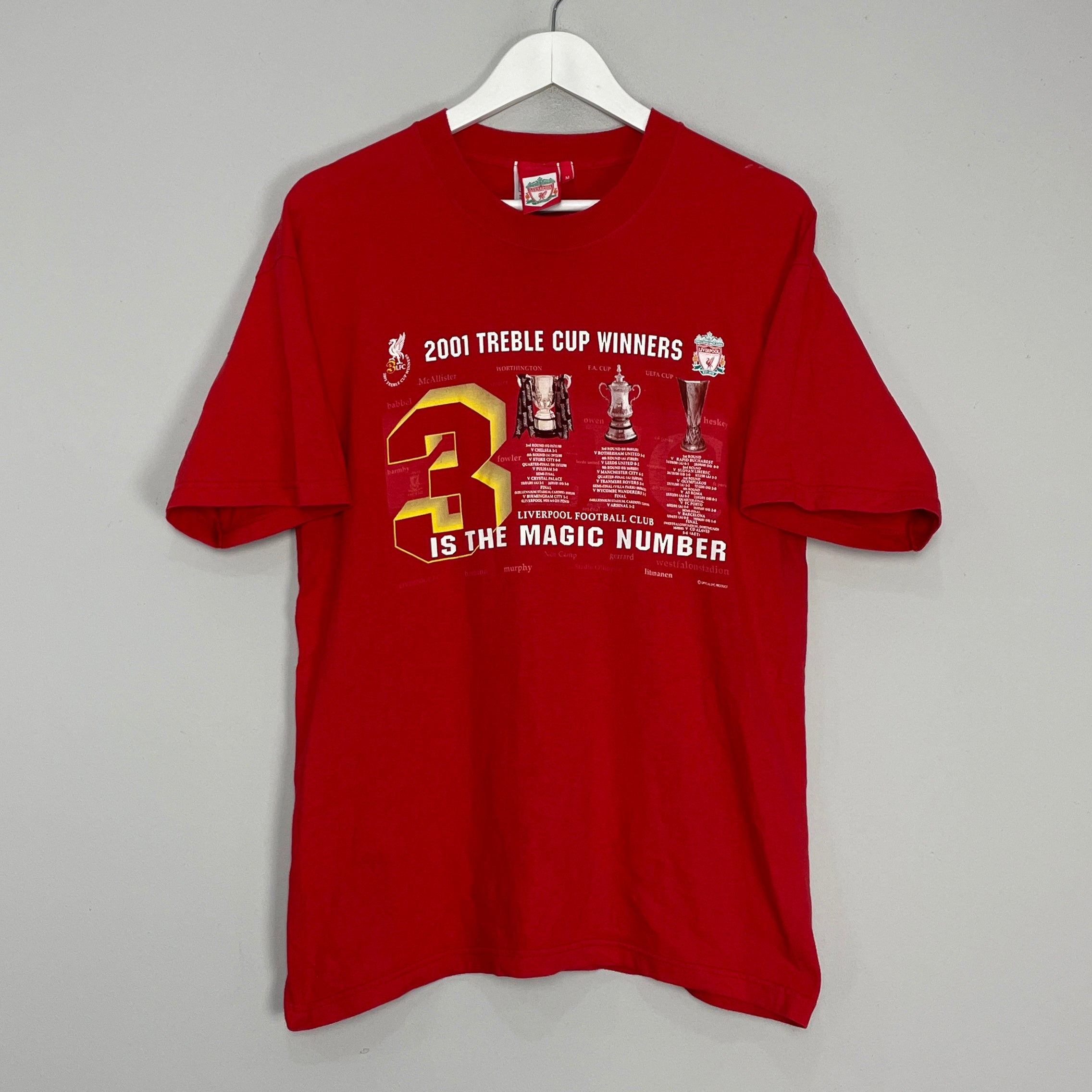 Shop 2001 LIVERPOOL TREBLE WINNERS T-SHIRT (M) OM, classic football shirts, vintage football shirts & retro soccer jerseys at Cult Kits