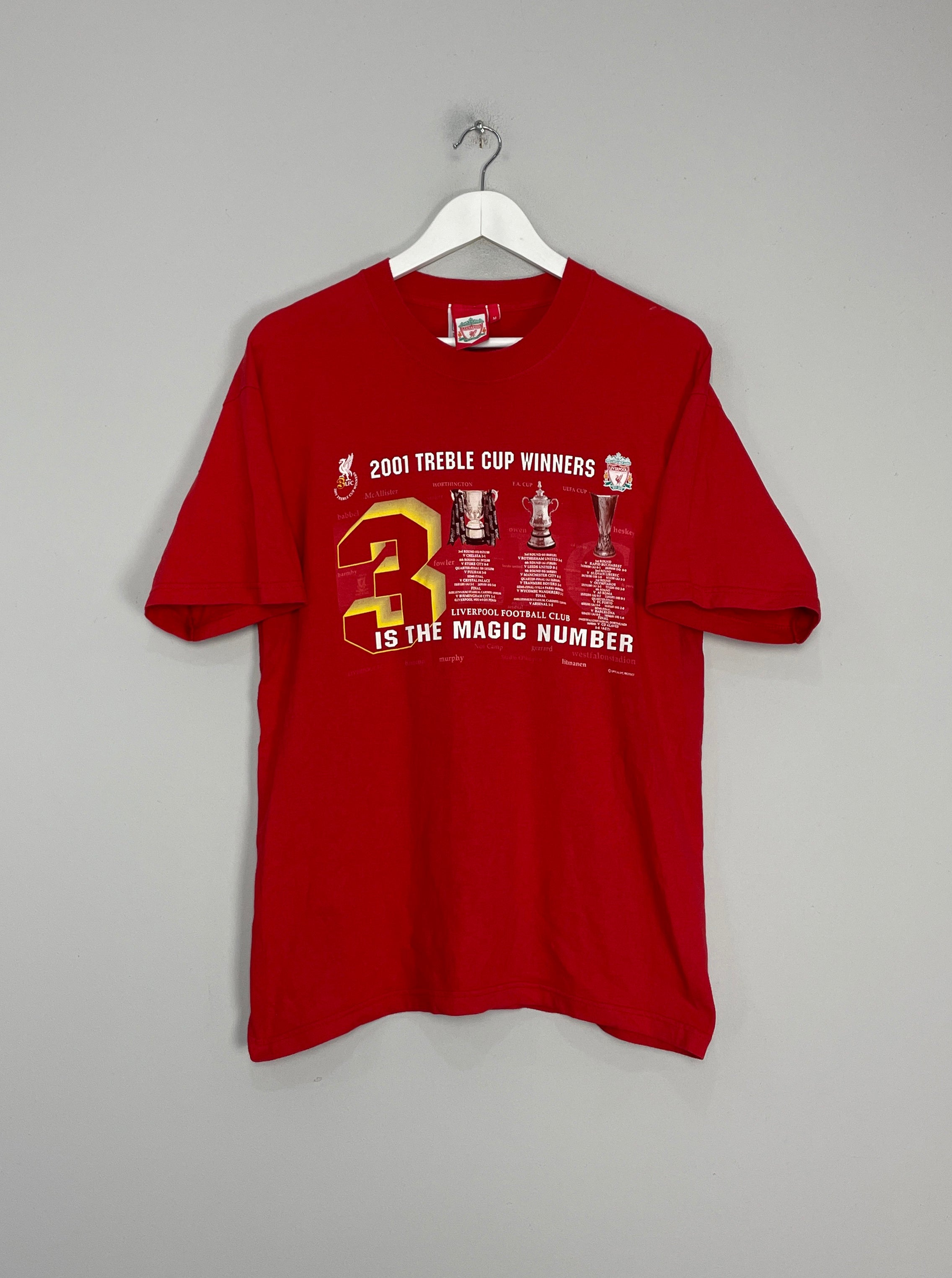 Shop 2001 LIVERPOOL TREBLE WINNERS T-SHIRT (M) OM, classic football shirts, vintage football shirts & retro soccer jerseys at Cult Kits