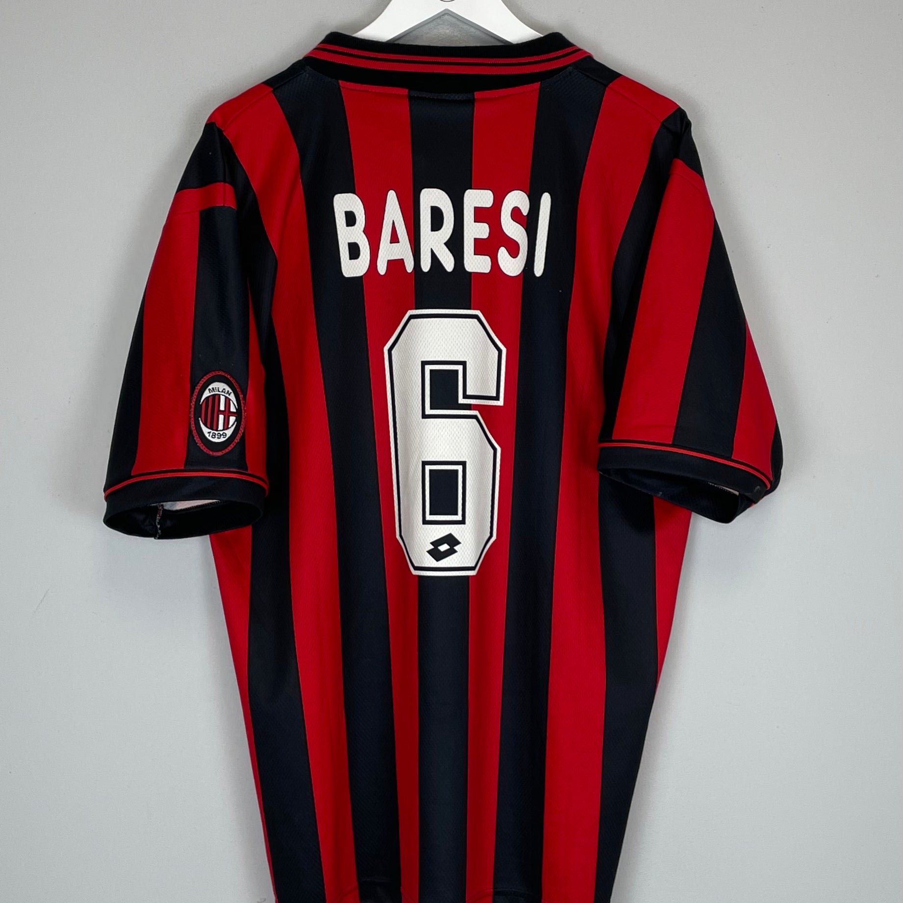 Shop 1995/96 AC MILAN BARESI #6 *PLAYER ISSUE* HOME SHIRT (XL) LOTTO, classic football shirts, vintage football shirts & retro soccer jerseys at Cult Kits