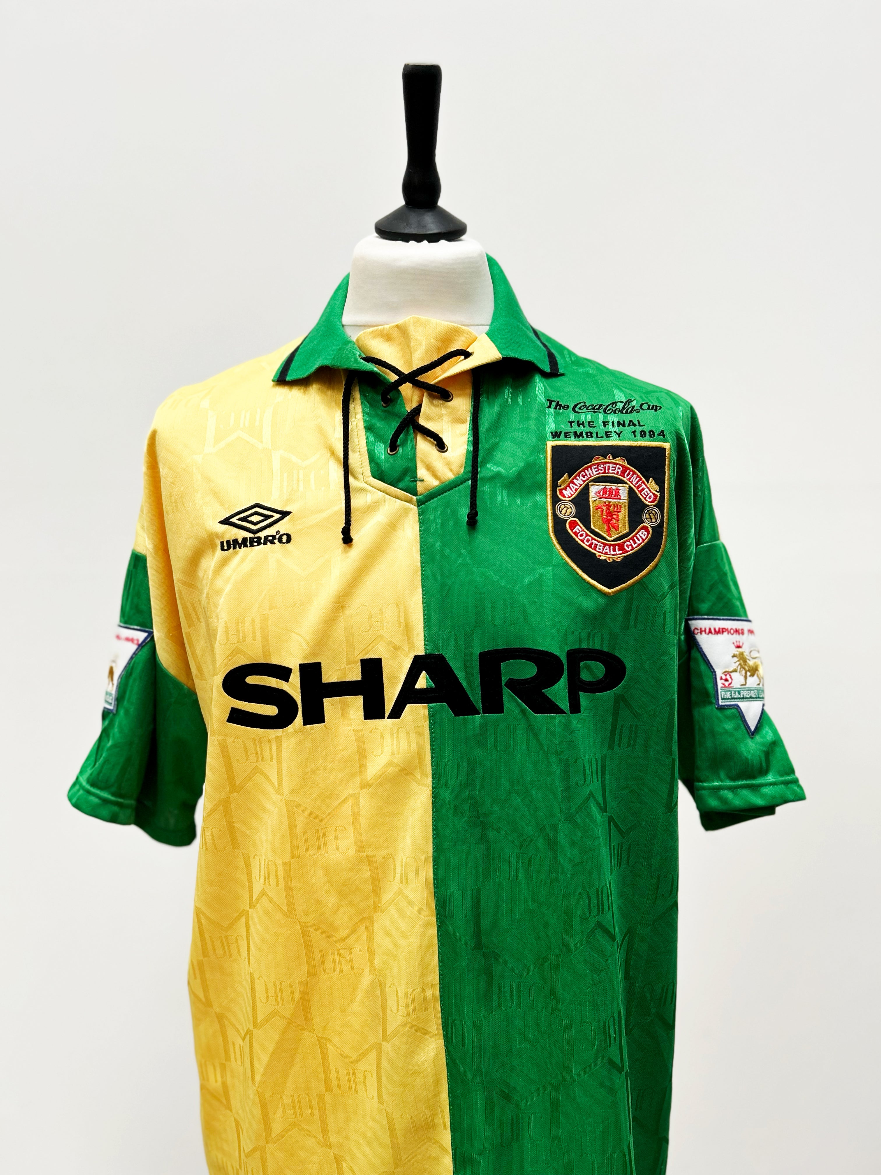 cult kits | the cult archive , Kanchelskis , match prepared shirt , classic football shirts , vintage football shirt , match prepared , match worn , soccer jersey , manchester united , MUFC , short sleeved , gold and green away shirt , newton heath shirt , official match prepared