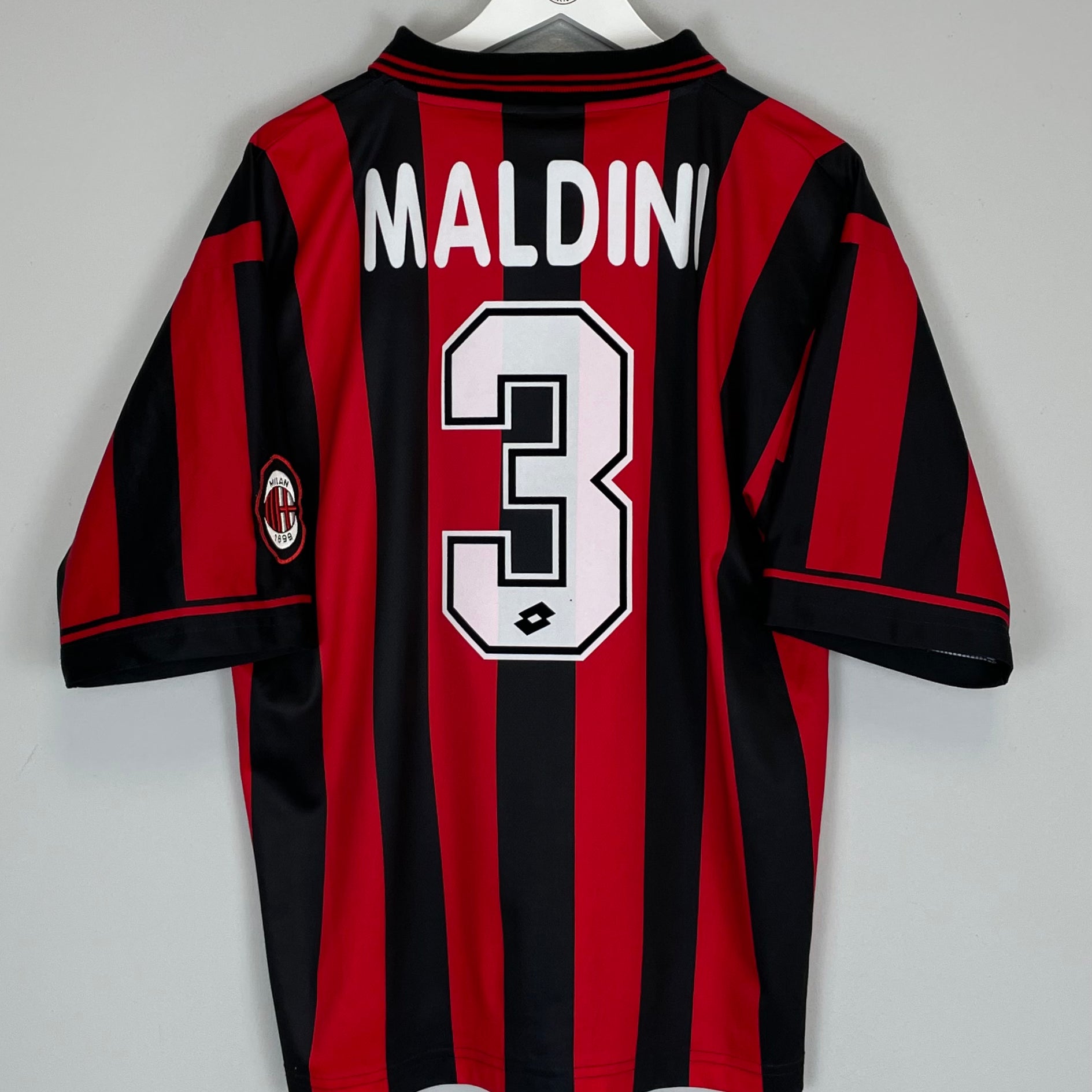 Shop 1996/97 AC MILAN MALDINI #3 HOME SHIRT (L) LOTTO, classic football shirts, vintage football shirts & retro soccer jerseys at Cult Kits