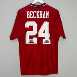 Shop 1994/96 MANCHESTER UNITED BECKHAM #24 HOME SHIRT (L) UMBRO, classic football shirts, vintage football shirts & retro soccer jerseys at Cult Kits