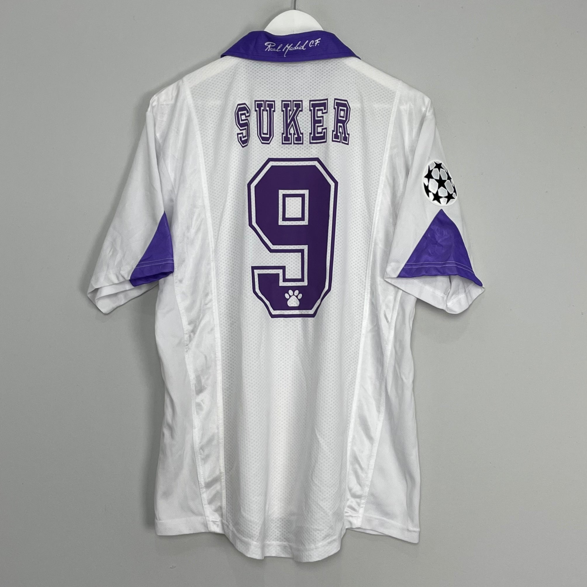 Shop 1997/98 REAL MADRID SUKER #9 C/L HOME SHIRT (L) KELME, classic football shirts, vintage football shirts & retro soccer jerseys at Cult Kits
