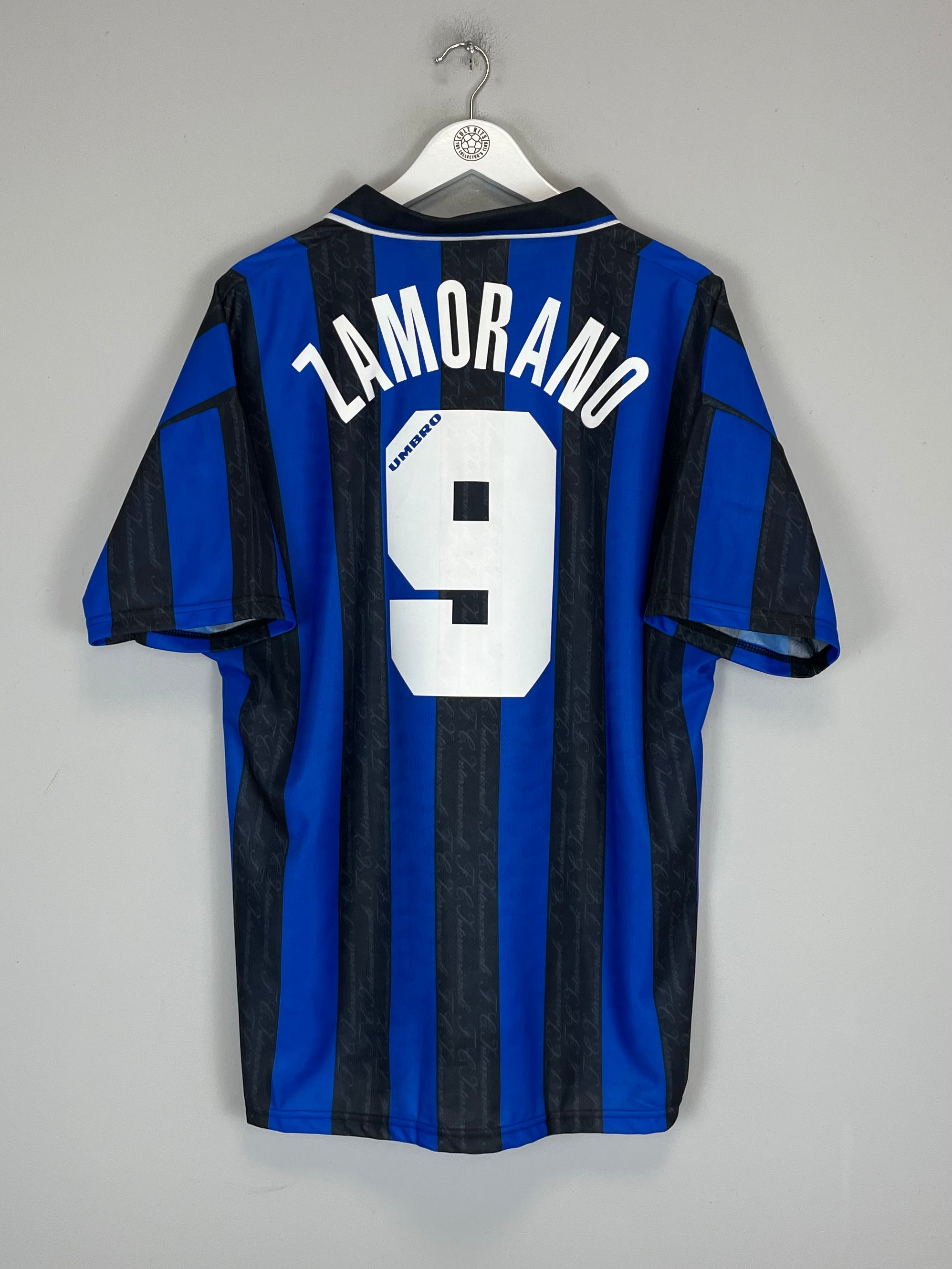 Shop 1996/97 INTER MILAN ZAMORANO #9 *MINT* HOME SHIRT (L) UMBRO, classic football shirts, vintage football shirts & retro soccer jerseys at Cult Kits