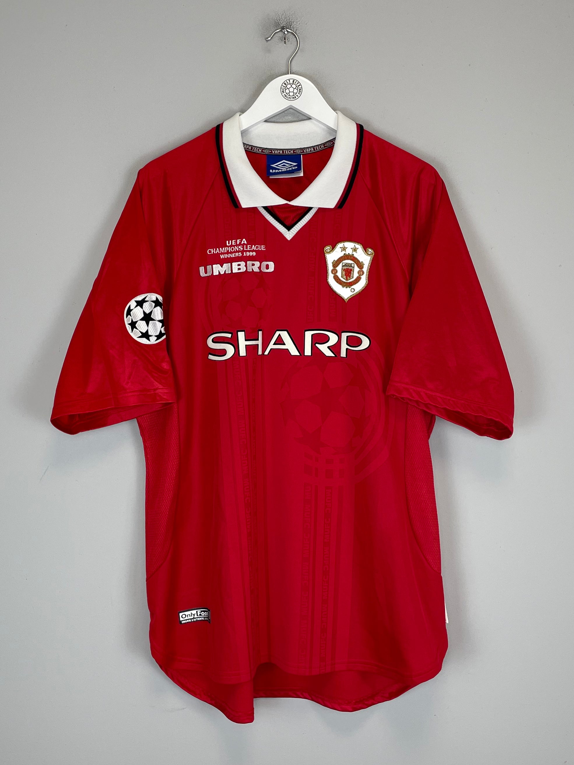 Shop 1999/00 MANCHESTER UNITED BECKHAM #7 C/L WINNERS HOME SHIRT (XXL) UMBRO, classic football shirts, vintage football shirts & retro soccer jerseys at Cult Kits