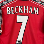 Shop 1998/00 MANCHESTER UNITED BECKHAM #7 HOME SHIRT (M) UMBRO, classic football shirts, vintage football shirts & retro soccer jerseys at Cult Kits
