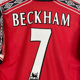 Shop 1998/00 MANCHESTER UNITED BECKHAM #7 HOME SHIRT (M) UMBRO, classic football shirts, vintage football shirts & retro soccer jerseys at Cult Kits