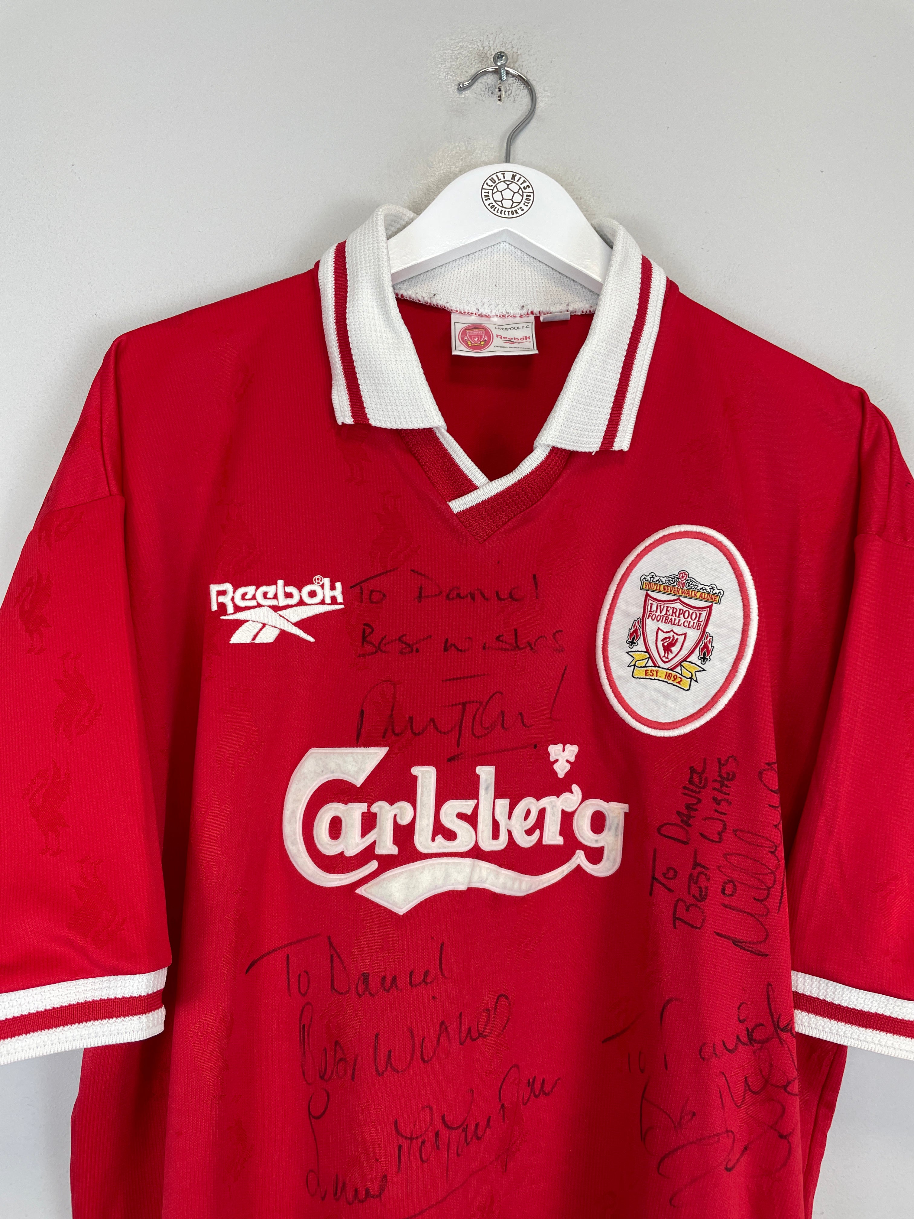 Shop 1996/98 LIVERPOOL *SIGNED* HOME SHIRT (XL) REEBOK, classic football shirts, vintage football shirts & retro soccer jerseys at Cult Kits