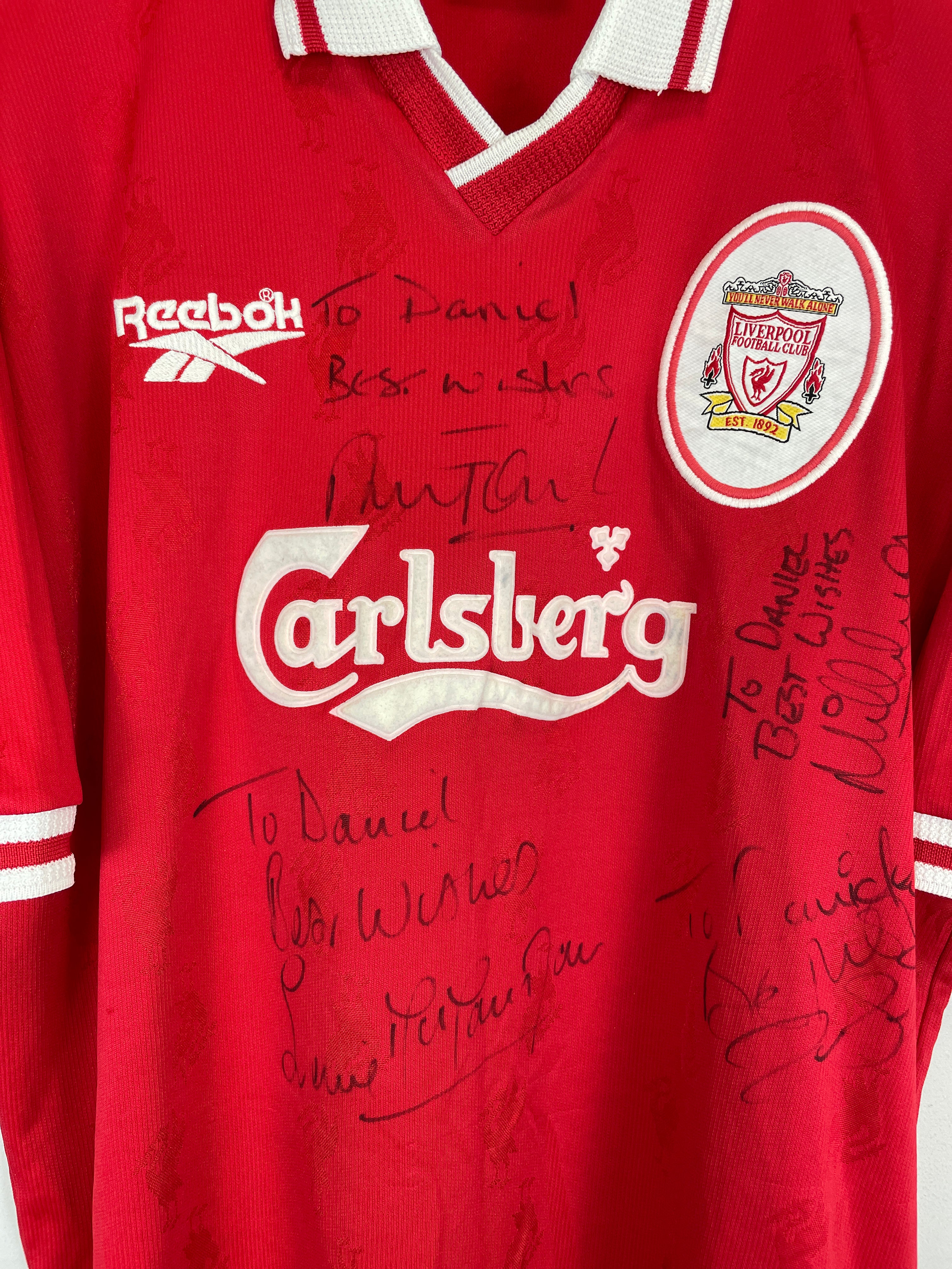 Shop 1996/98 LIVERPOOL *SIGNED* HOME SHIRT (XL) REEBOK, classic football shirts, vintage football shirts & retro soccer jerseys at Cult Kits
