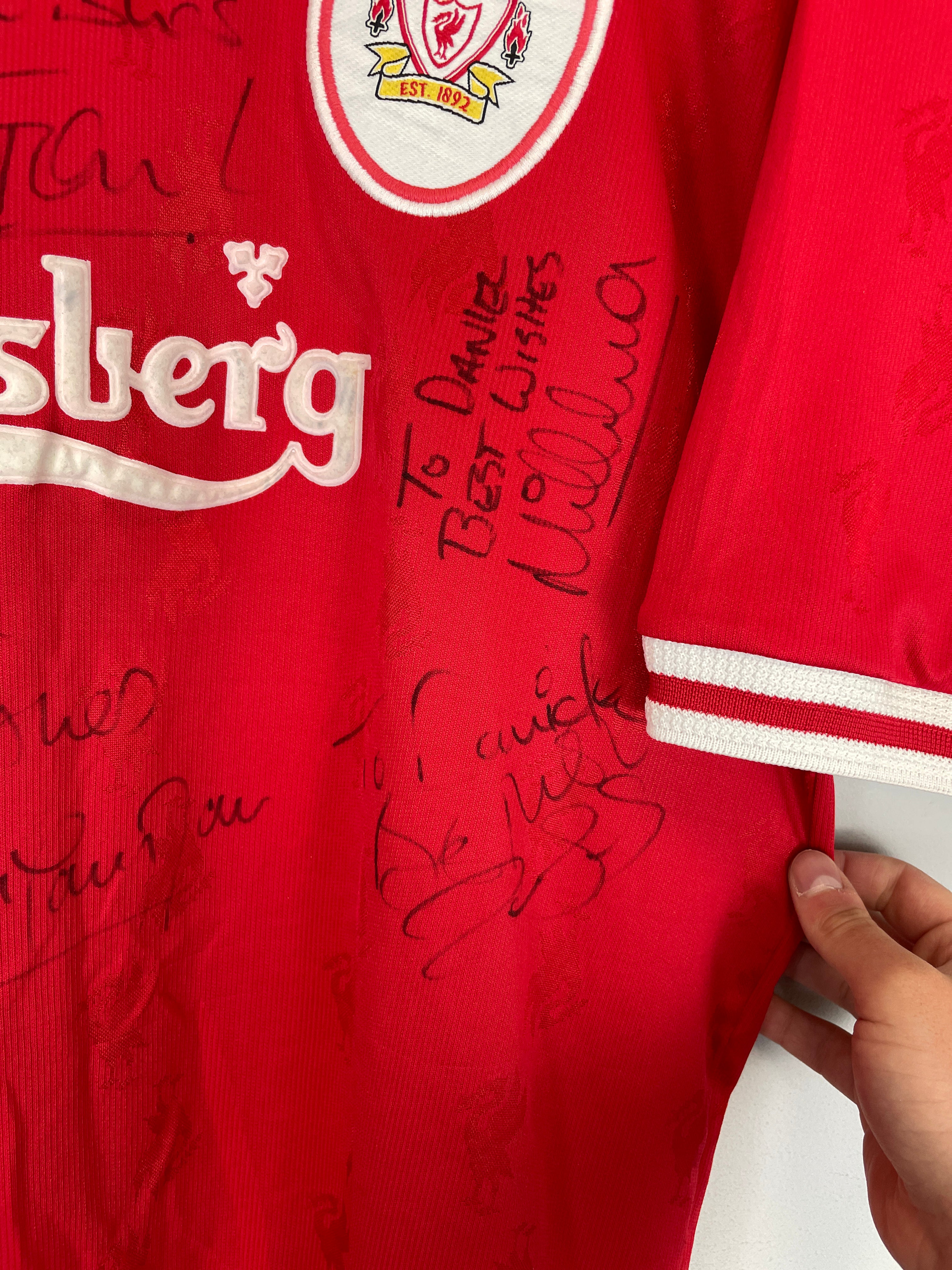 Shop 1996/98 LIVERPOOL *SIGNED* HOME SHIRT (XL) REEBOK, classic football shirts, vintage football shirts & retro soccer jerseys at Cult Kits