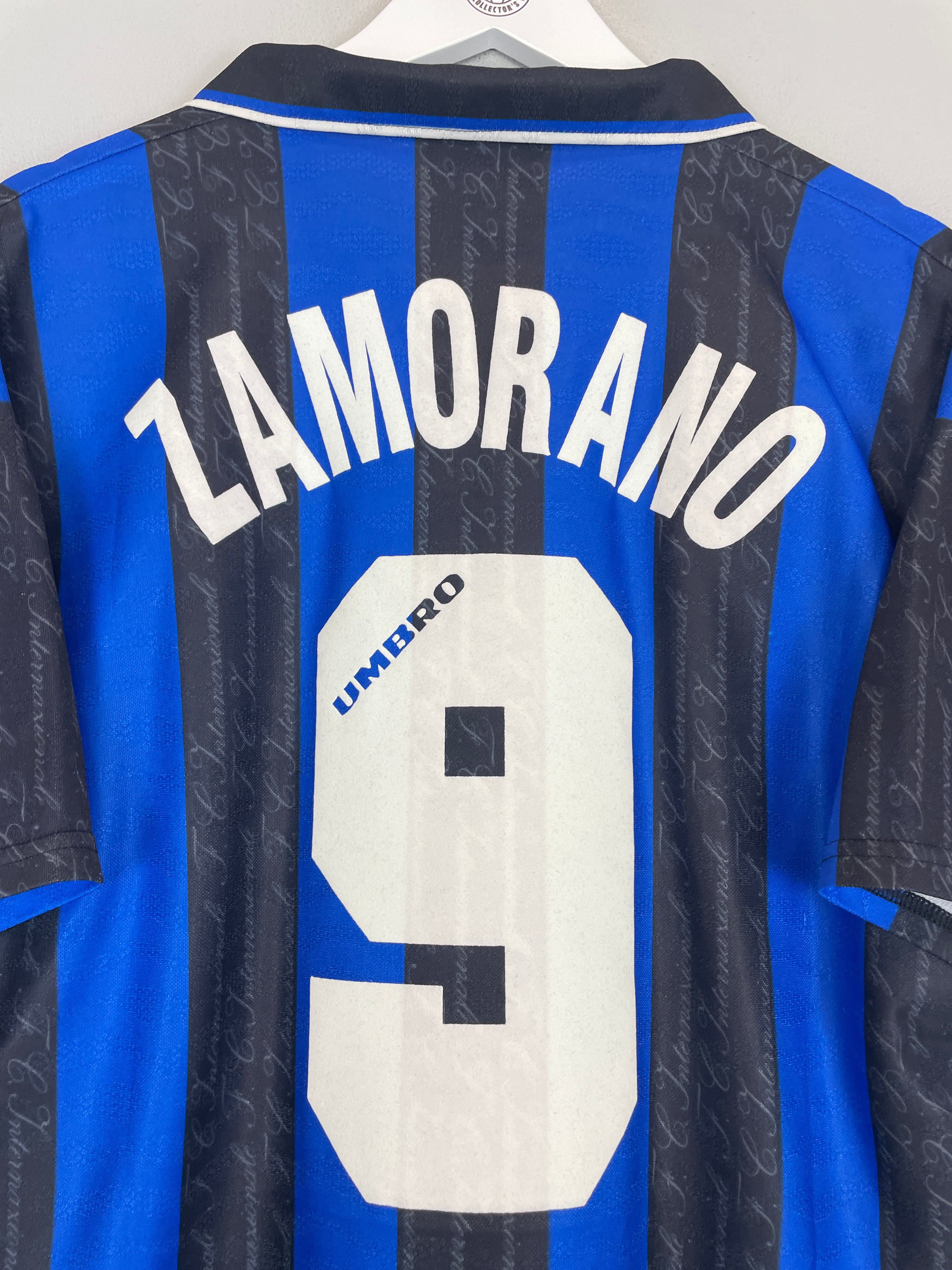 Shop 1996/97 INTER MILAN ZAMORANO #9 HOME SHIRT (L) UMBRO, classic football shirts, vintage football shirts & retro soccer jerseys at Cult Kits
