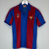 1984/89 Barcelona Home Shirt by Meyba in excellent condition, small size, featuring iconic red and blue stripes.
