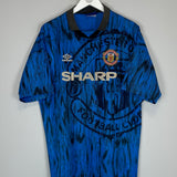 1992/93 Manchester United away shirt in XL, blue with black accents, by Umbro, featuring faded logo and vibrant colors.