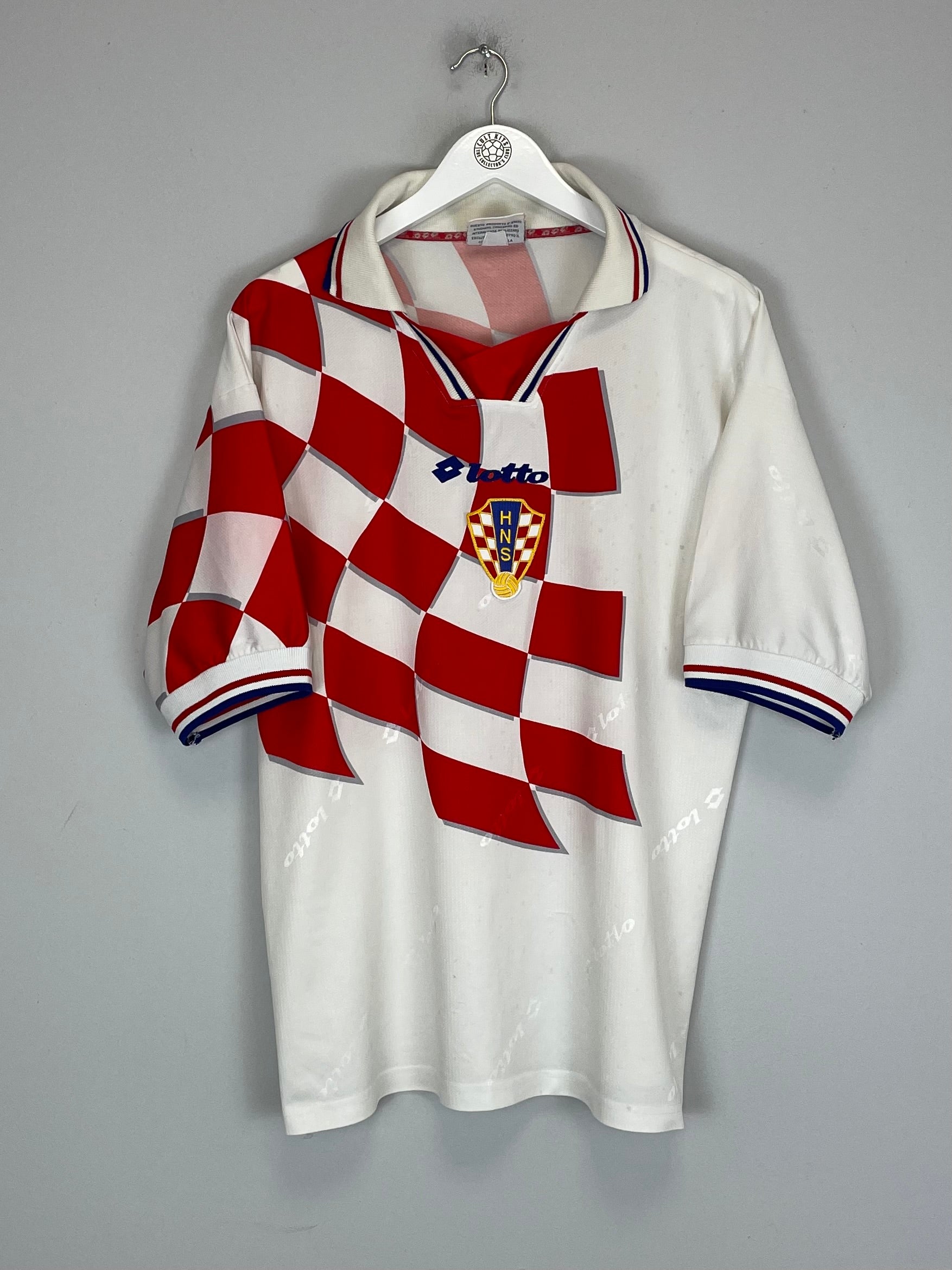 1998 Croatia home shirt by Lotto in large size, featuring red and white checkered design, good condition with minor wear.